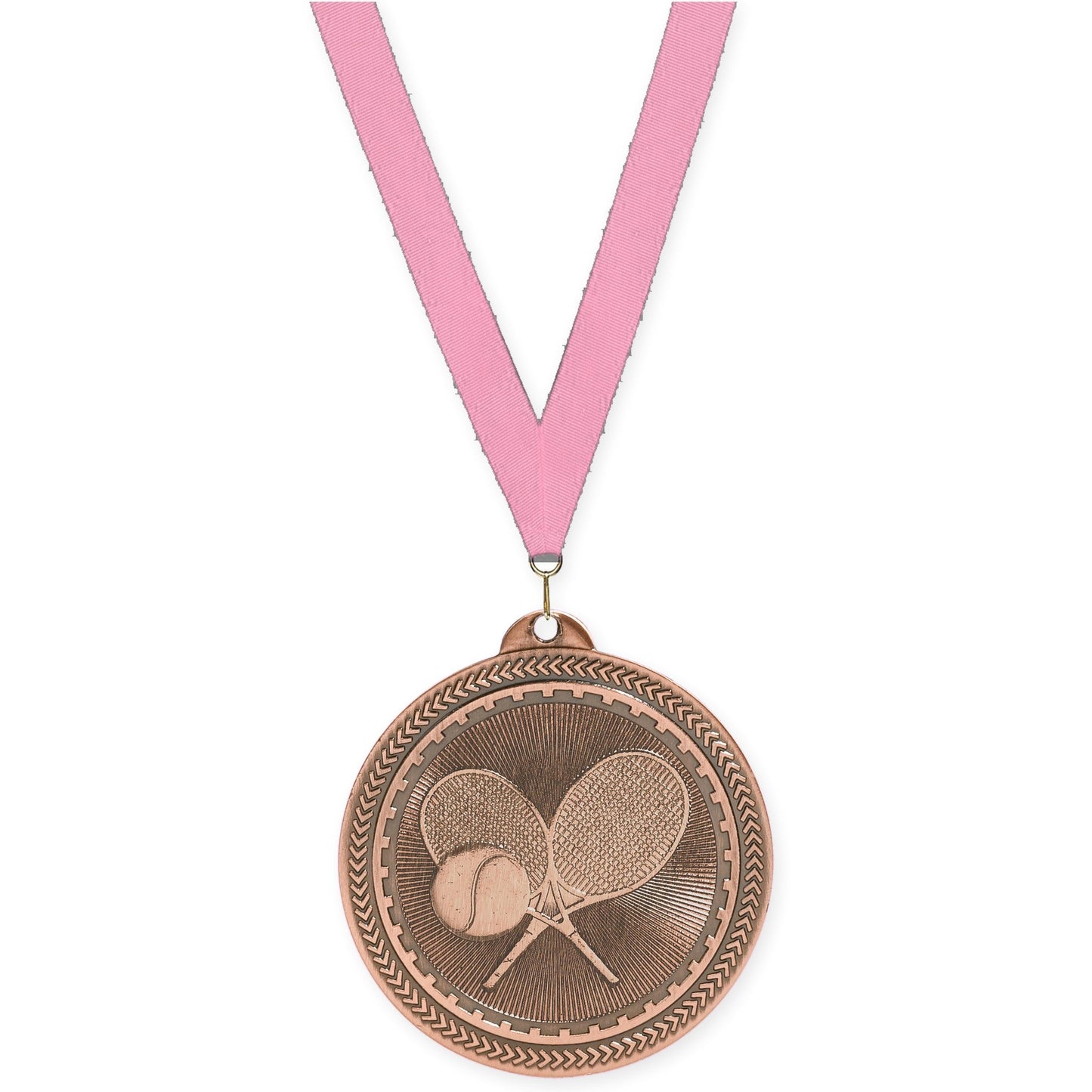 2 inch tennis Sunburst medal in antique bronze with Pink neck ribbon