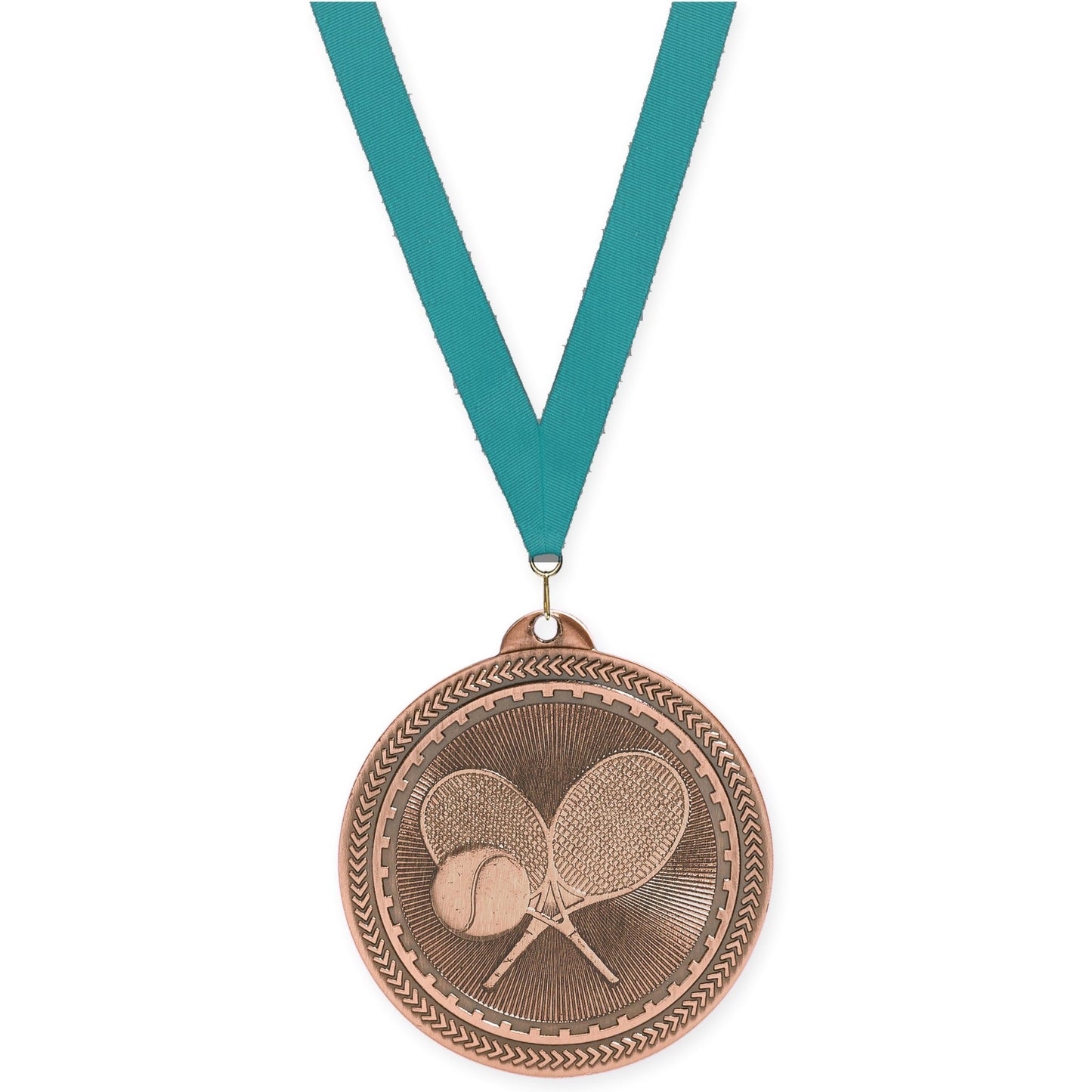 2 inch tennis Sunburst medal in antique bronze with Teal neck ribbon