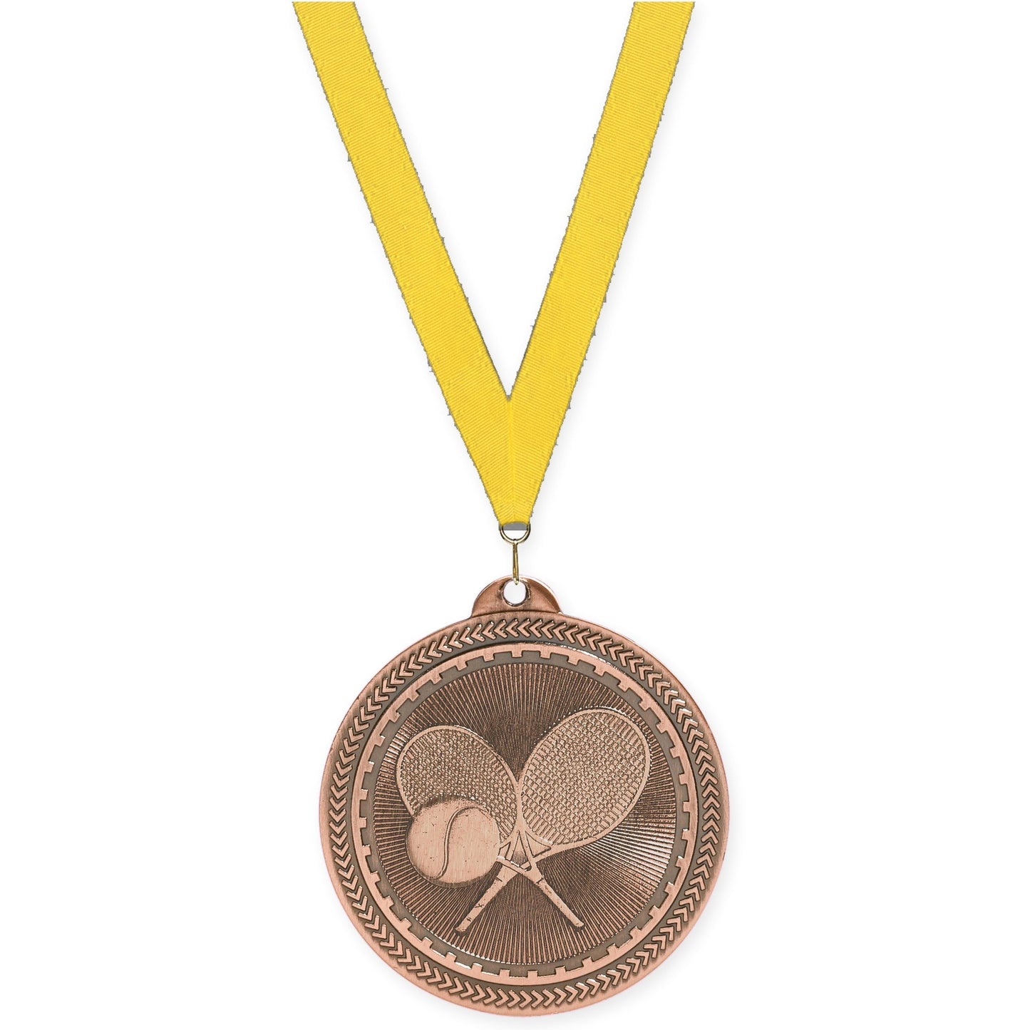 2 inch tennis Sunburst medal in antique bronze with Yellow neck ribbon