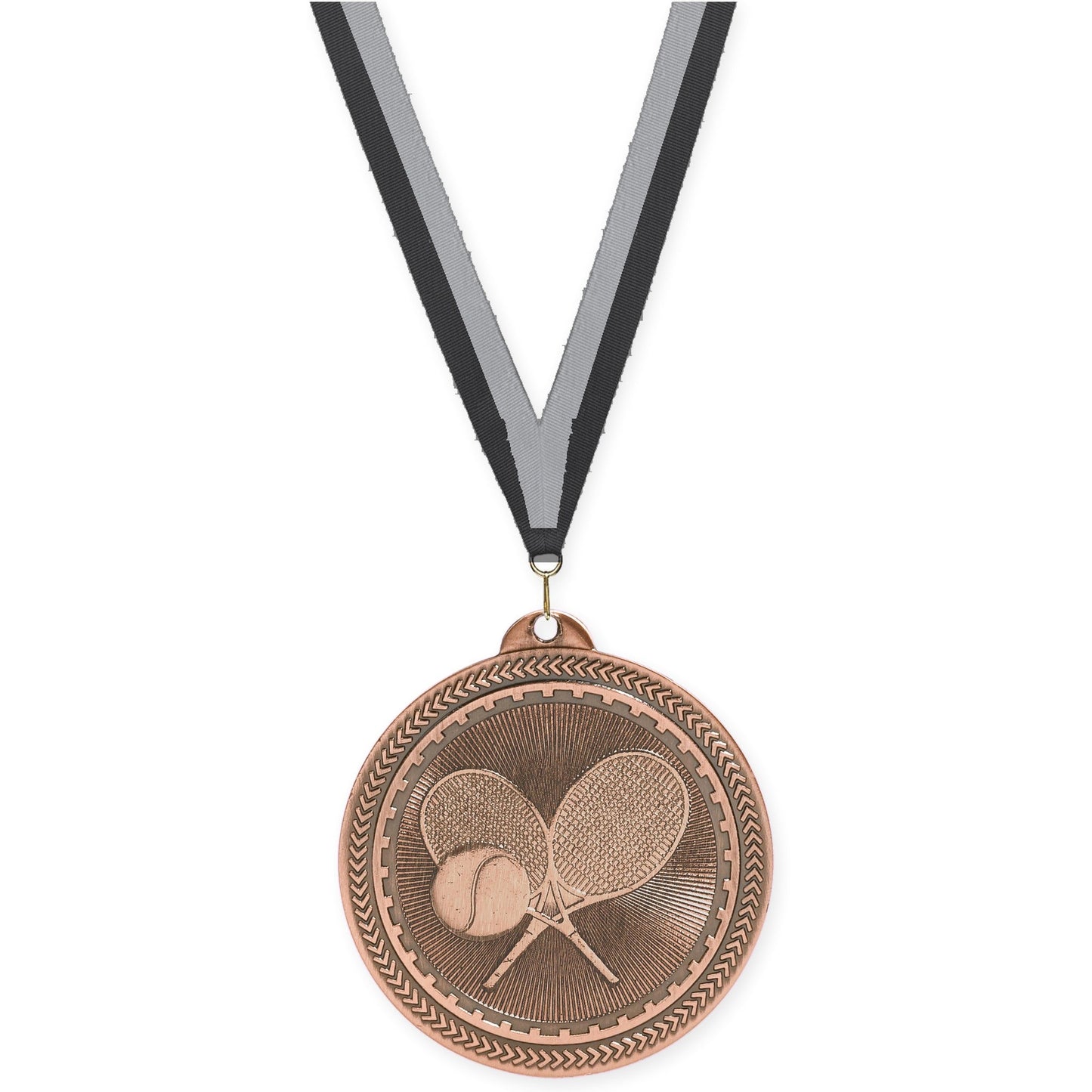 2 inch tennis Sunburst medal in antique bronze with Black Gray neck ribbon