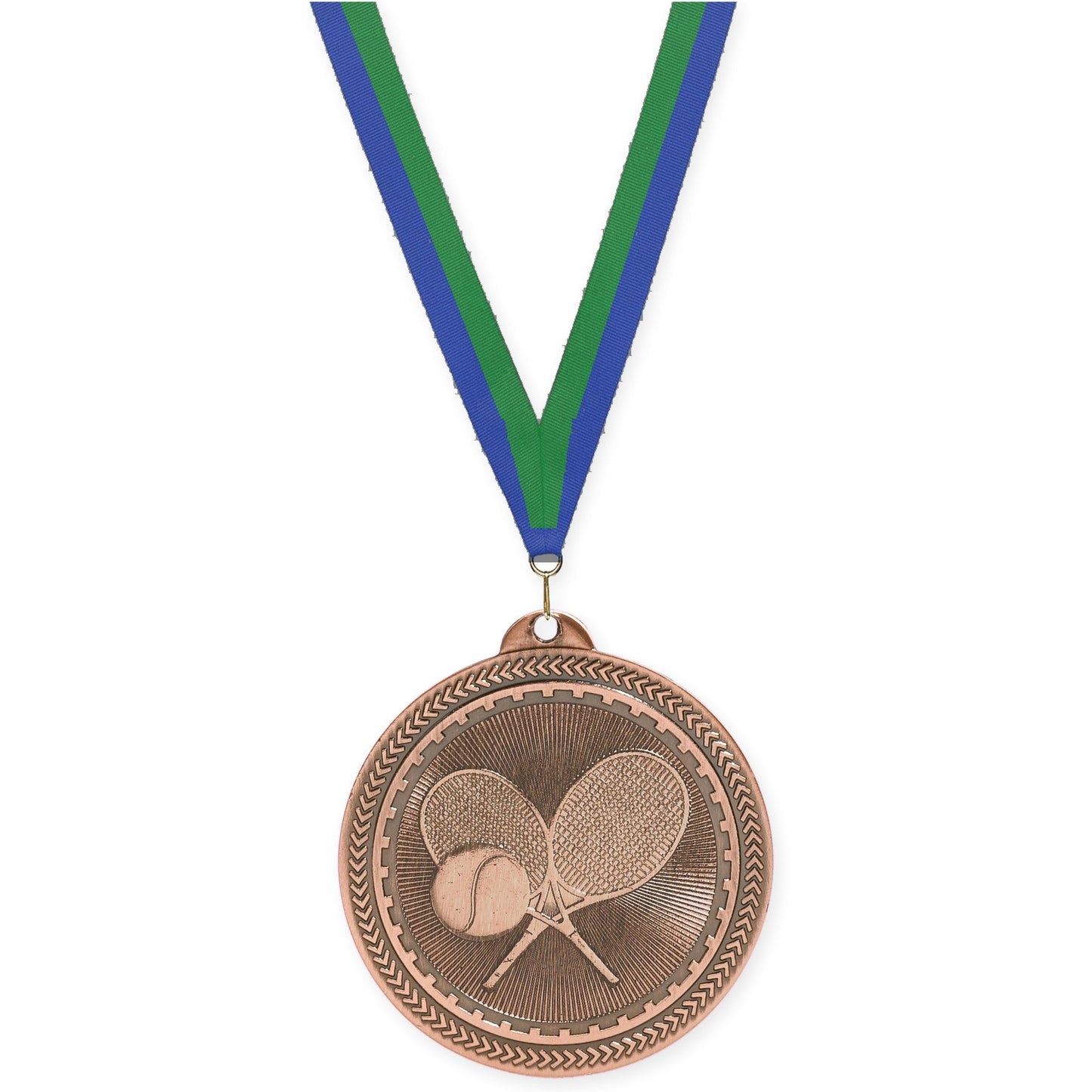 2 inch tennis Sunburst medal in antique bronze with Blue Green neck ribbon