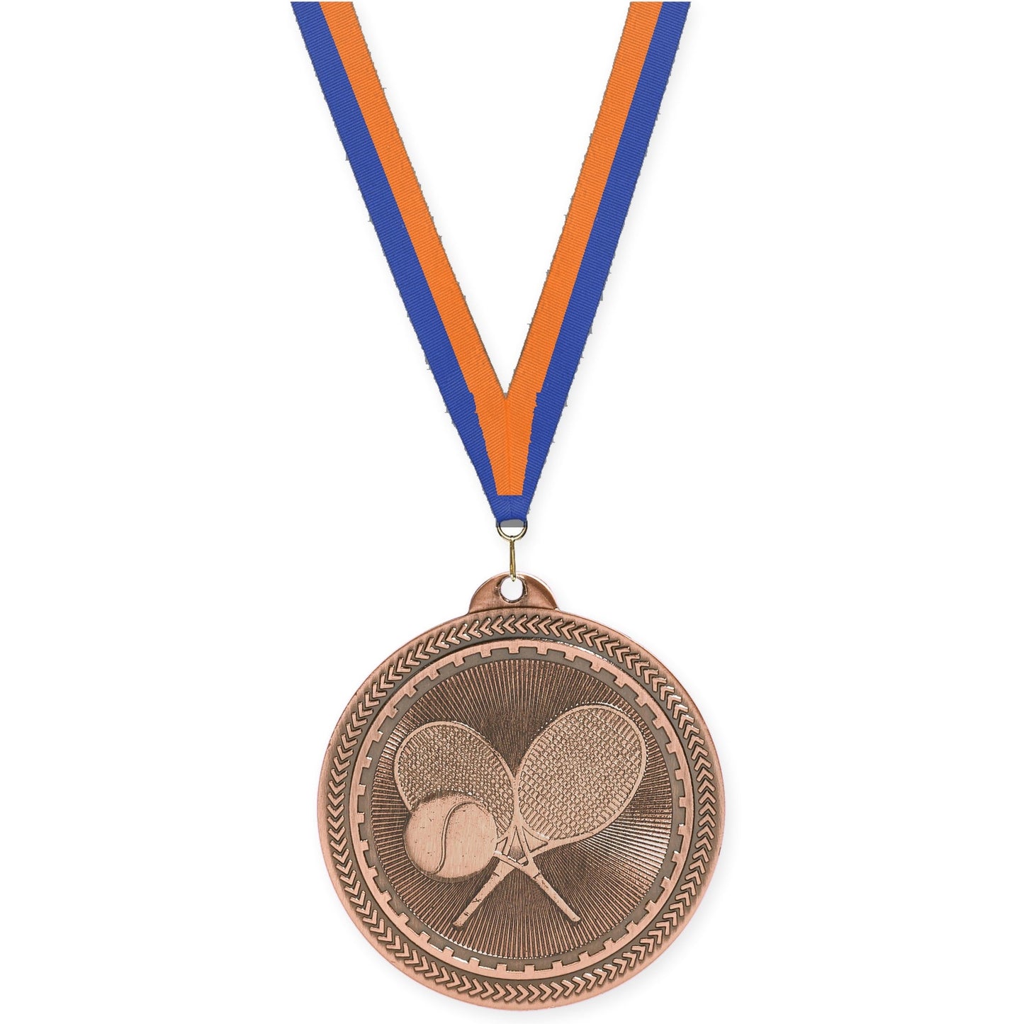 2 inch tennis Sunburst medal in antique bronze with Blue Orange neck ribbon