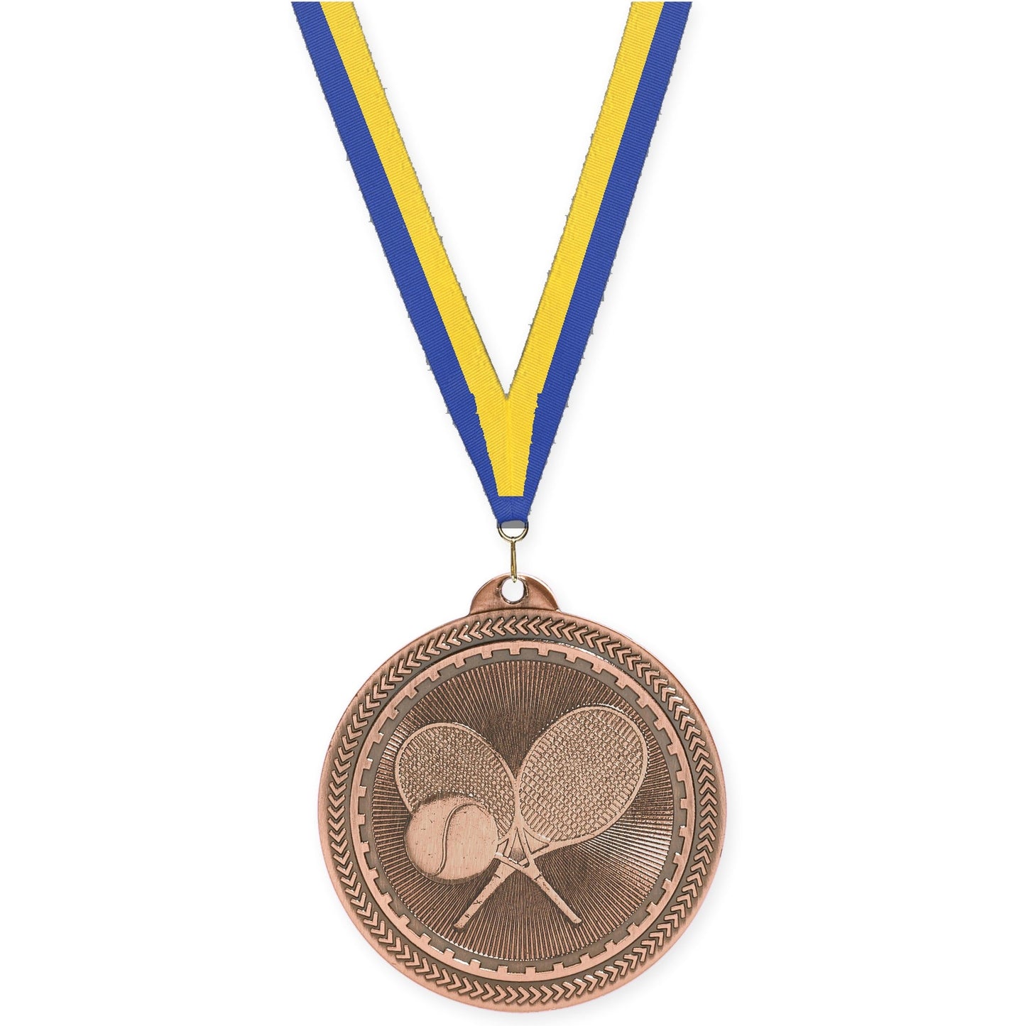 2 inch tennis Sunburst medal in antique bronze with Blue Yellow neck ribbon