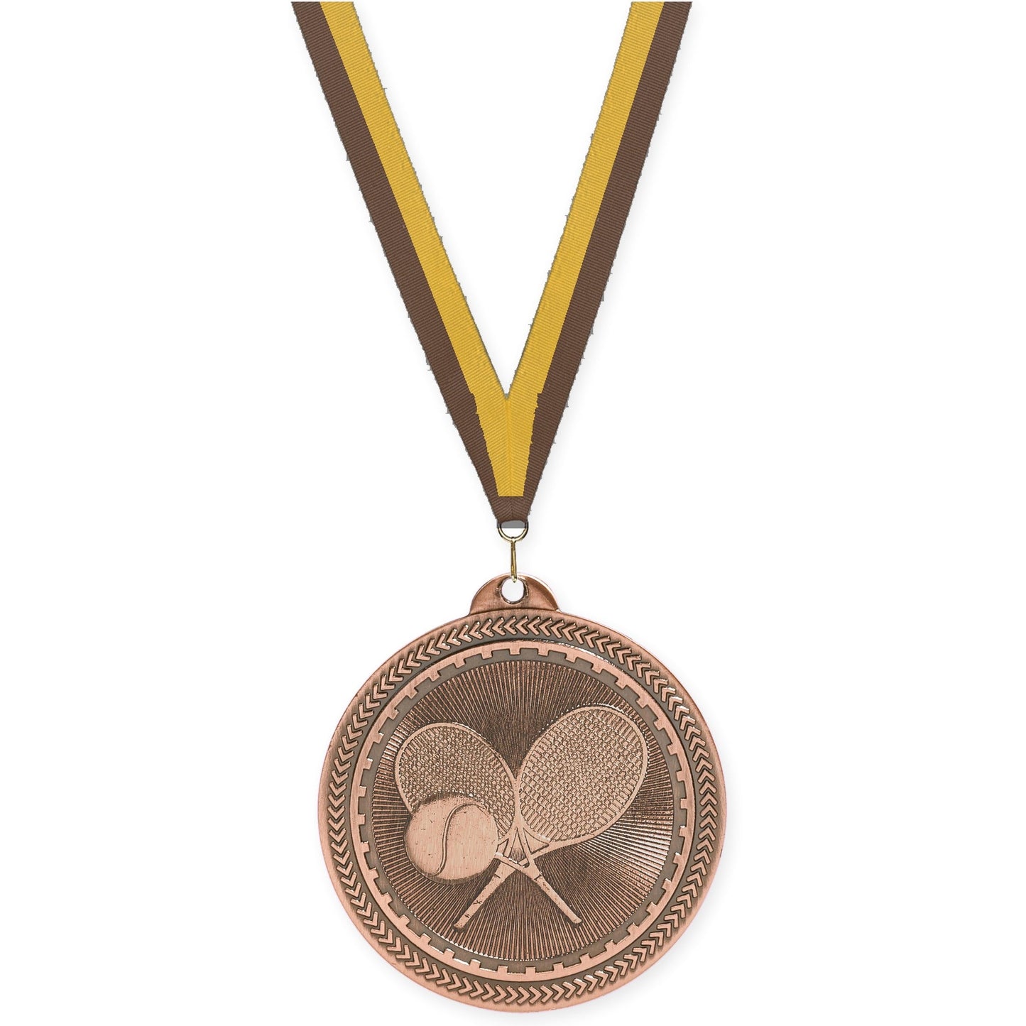 2 inch tennis Sunburst medal in antique bronze with Brown Gold neck ribbon