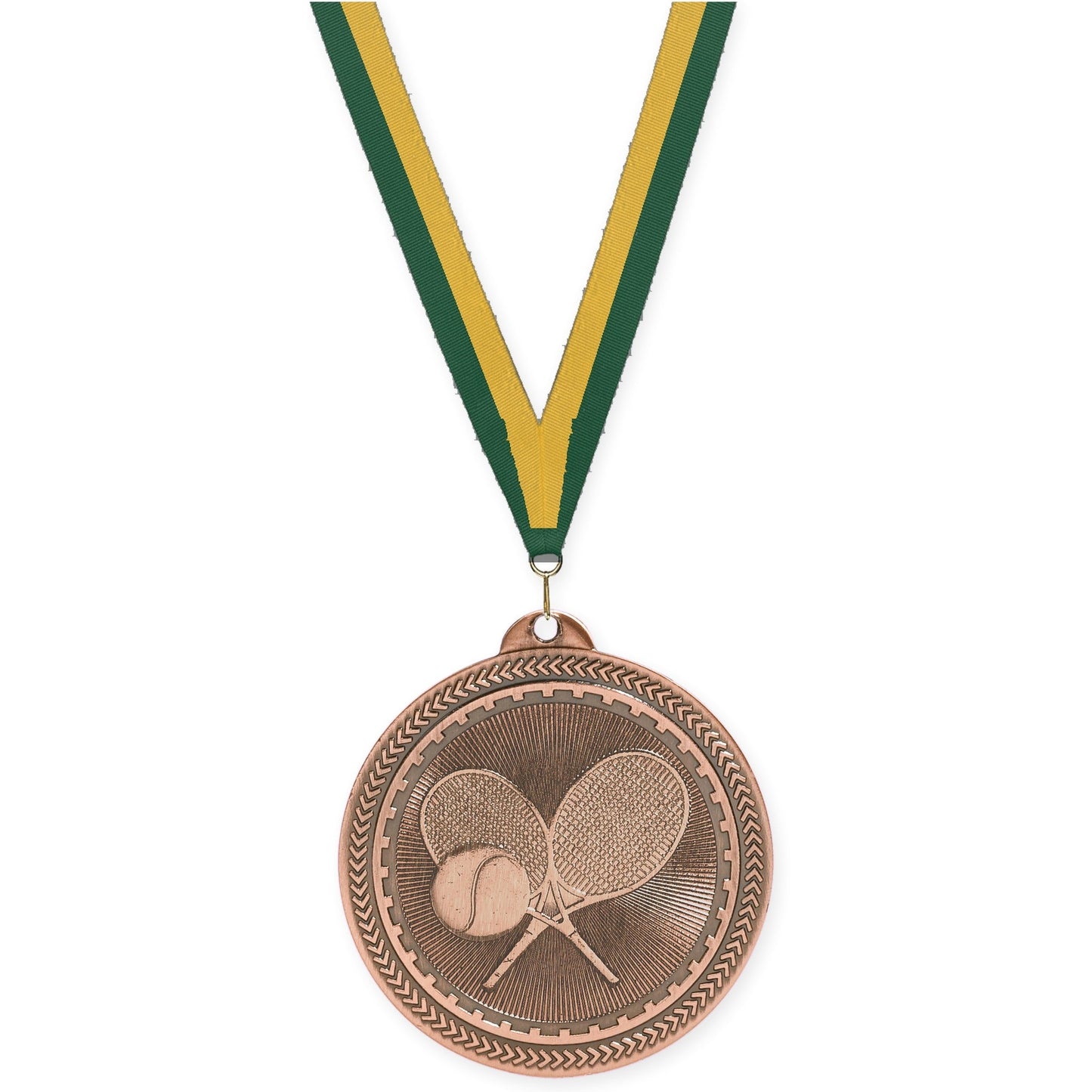 2 inch tennis Sunburst medal in antique bronze with Hunter Green Gold neck ribbon