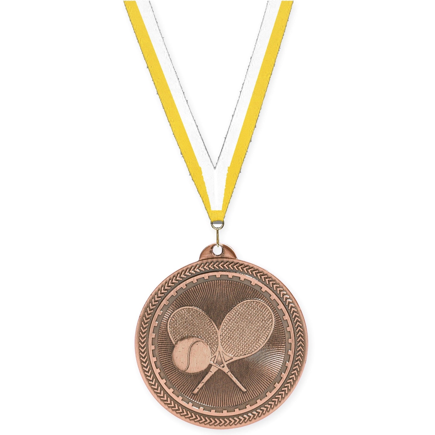 2 inch tennis Sunburst medal in antique bronze with Yellow White neck ribbon