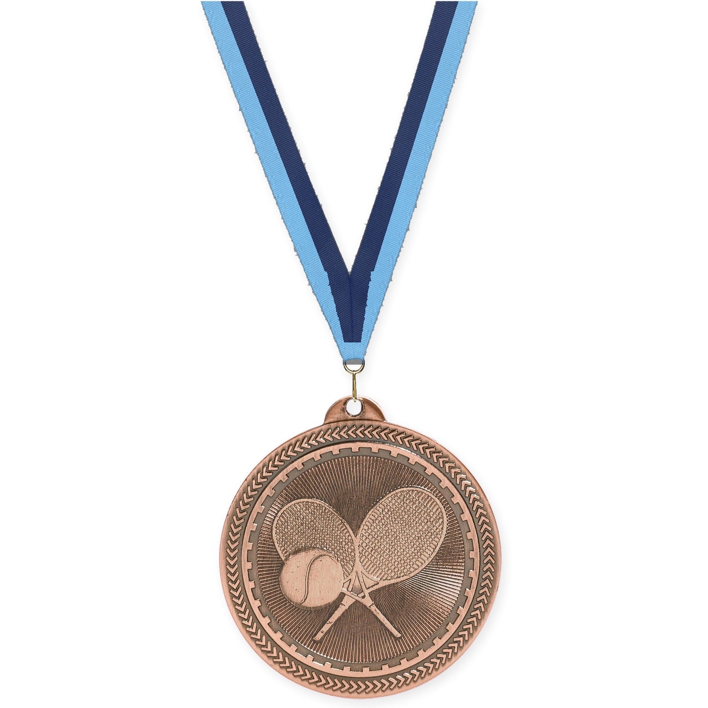 2 inch tennis Sunburst medal in antique bronze with Light Blue Navy neck ribbon