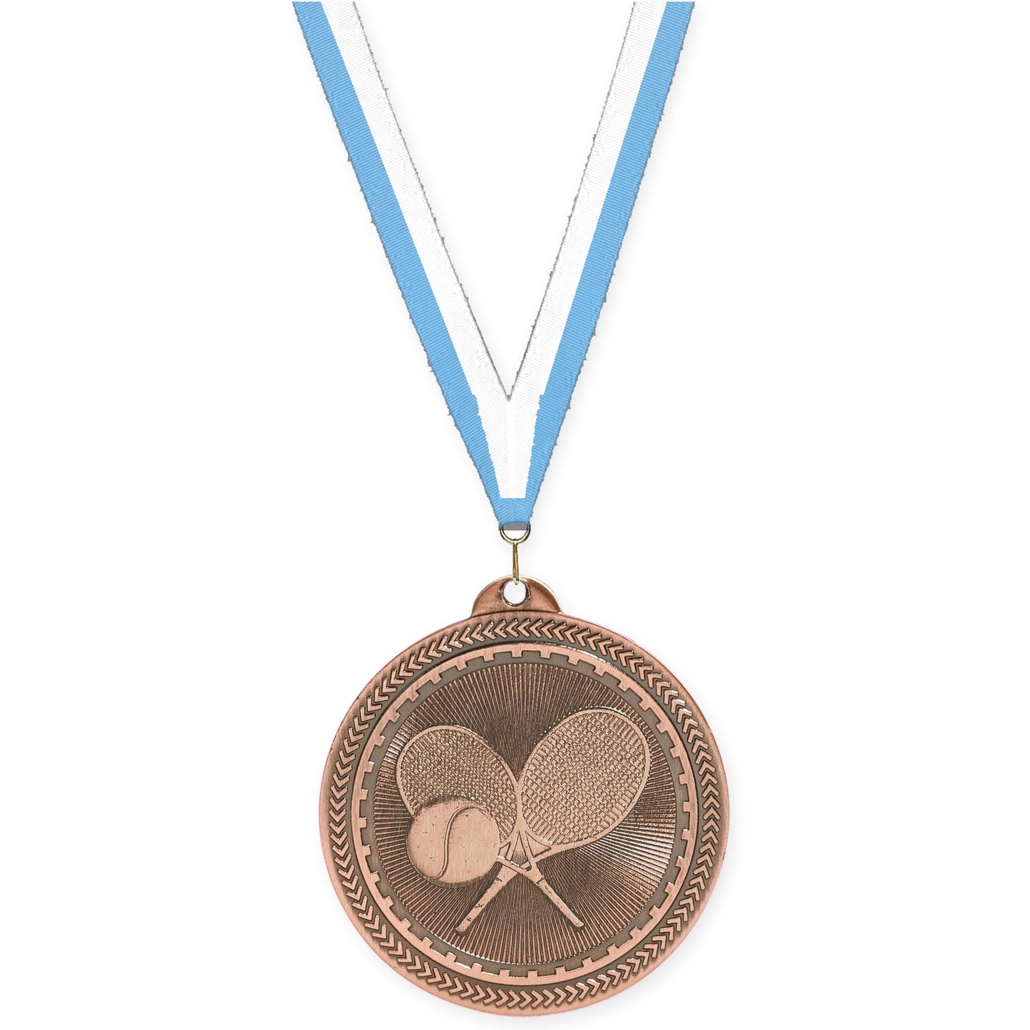 2 inch tennis Sunburst medal in antique bronze with Light Blue White neck ribbon