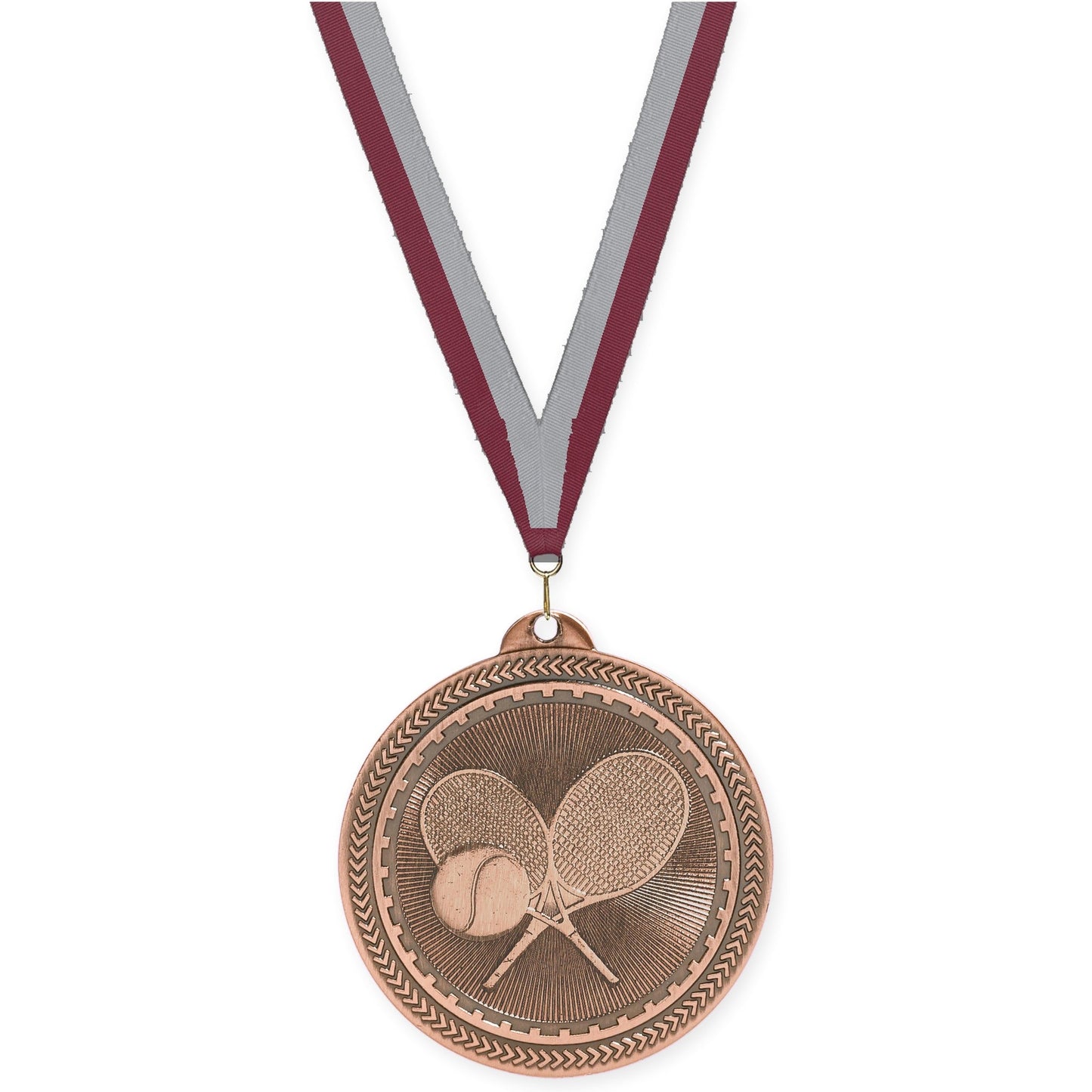 2 inch tennis Sunburst medal in antique bronze with Maroon Gray neck ribbon