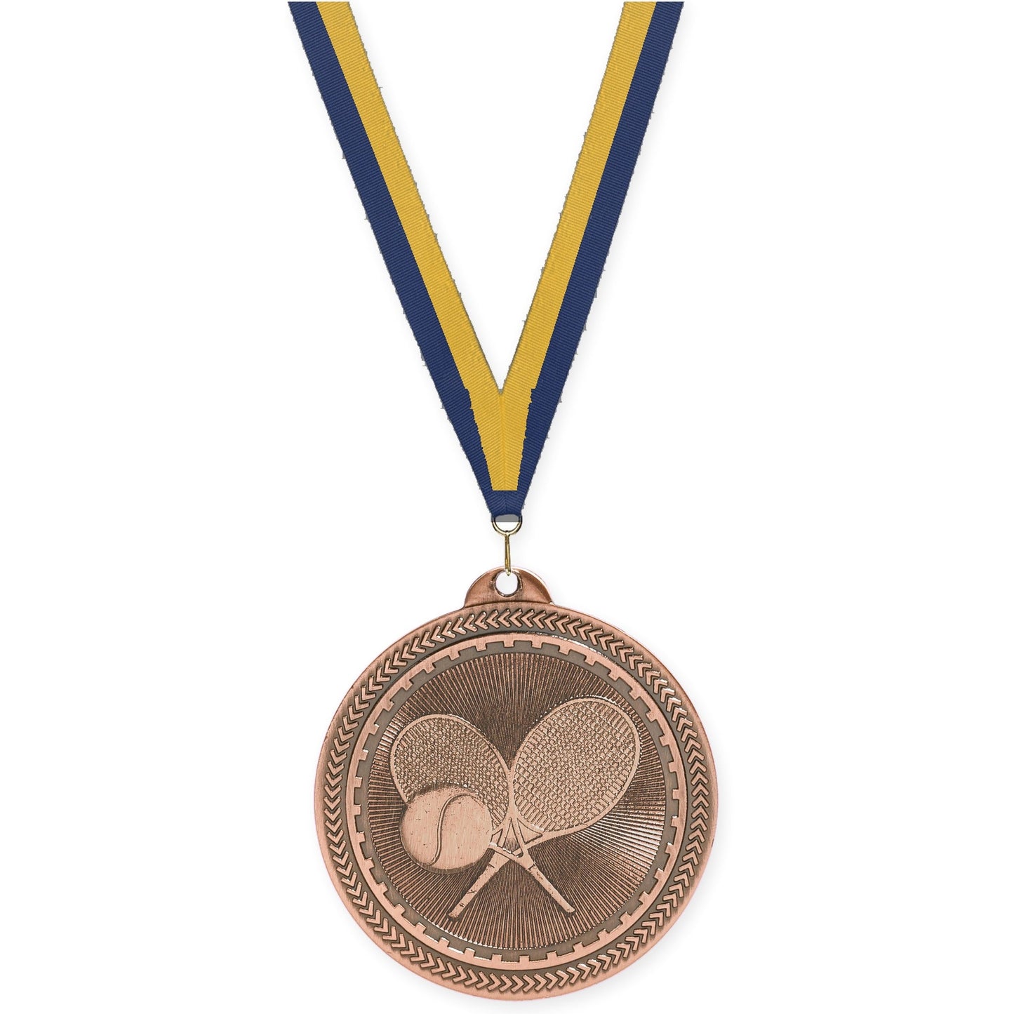 2 inch tennis Sunburst medal in antique bronze with Navy Gold neck ribbon