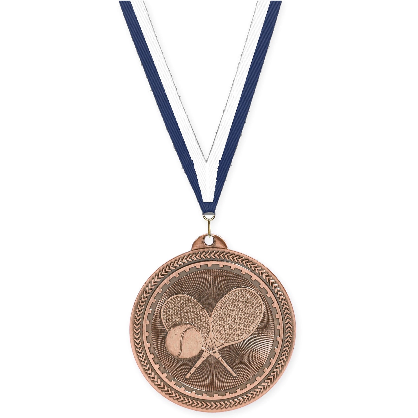 2 inch tennis Sunburst medal in antique bronze with Navy White neck ribbon