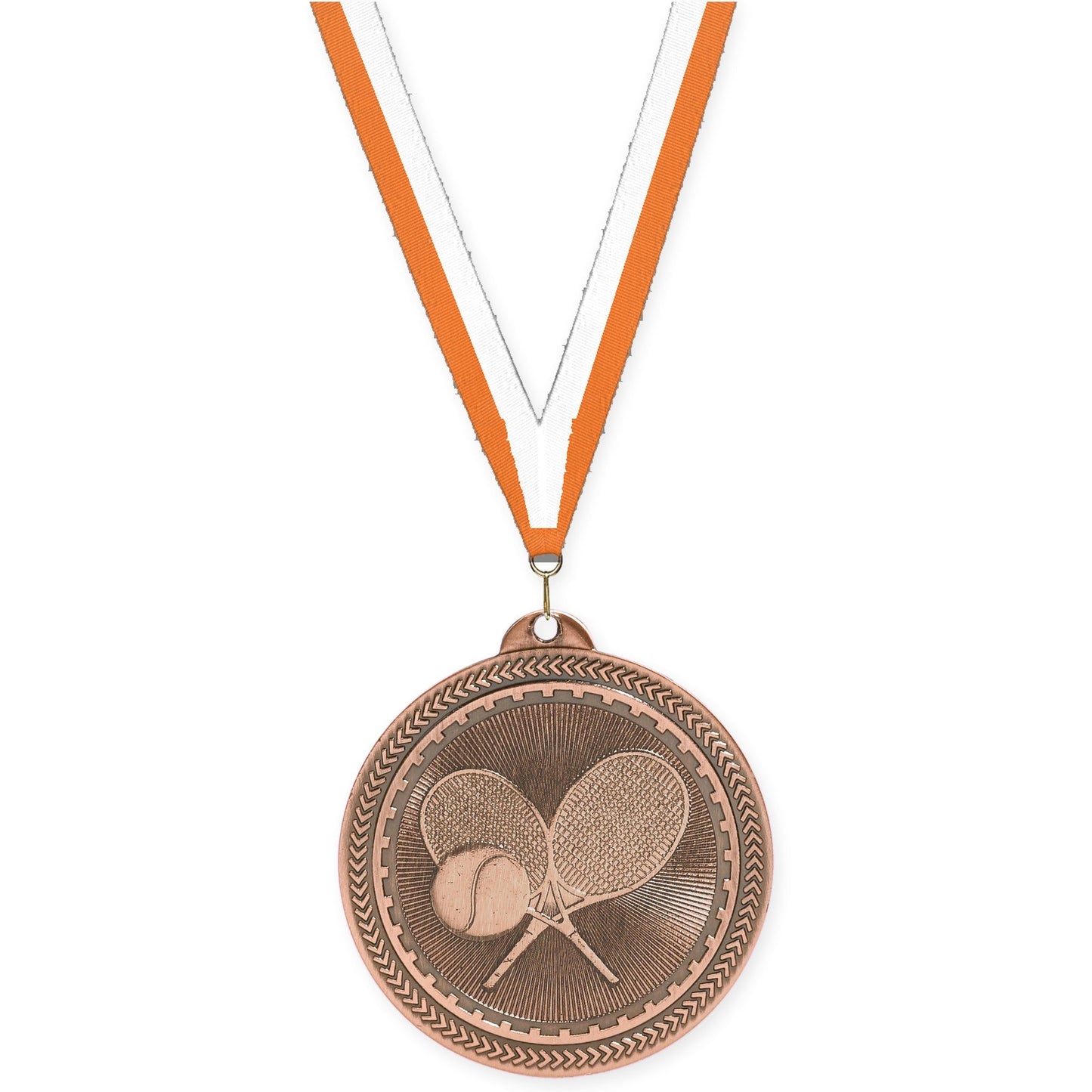 2 inch tennis Sunburst medal in antique bronze with Orange White neck ribbon