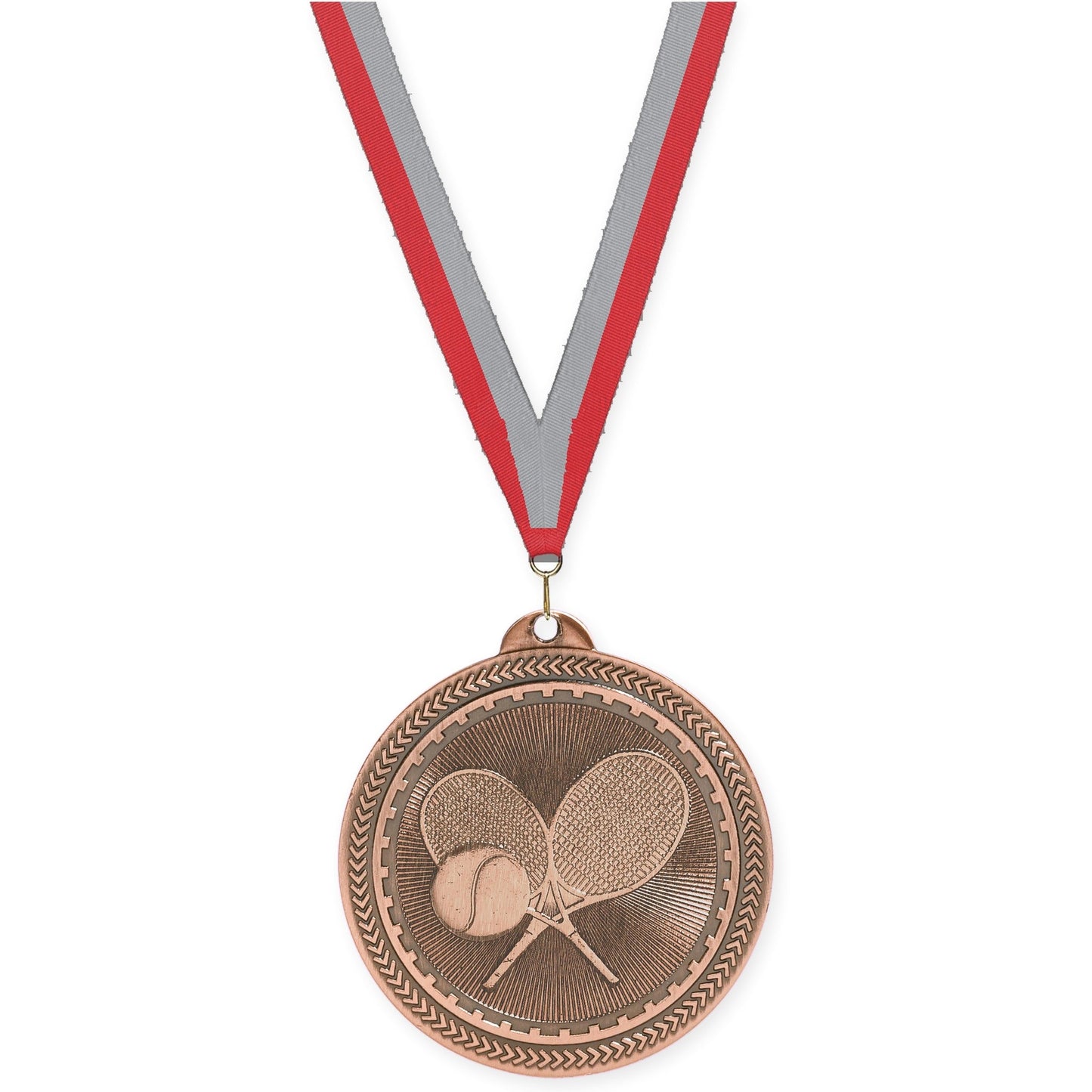 2 inch tennis Sunburst medal in antique bronze with Red Gray neck ribbon