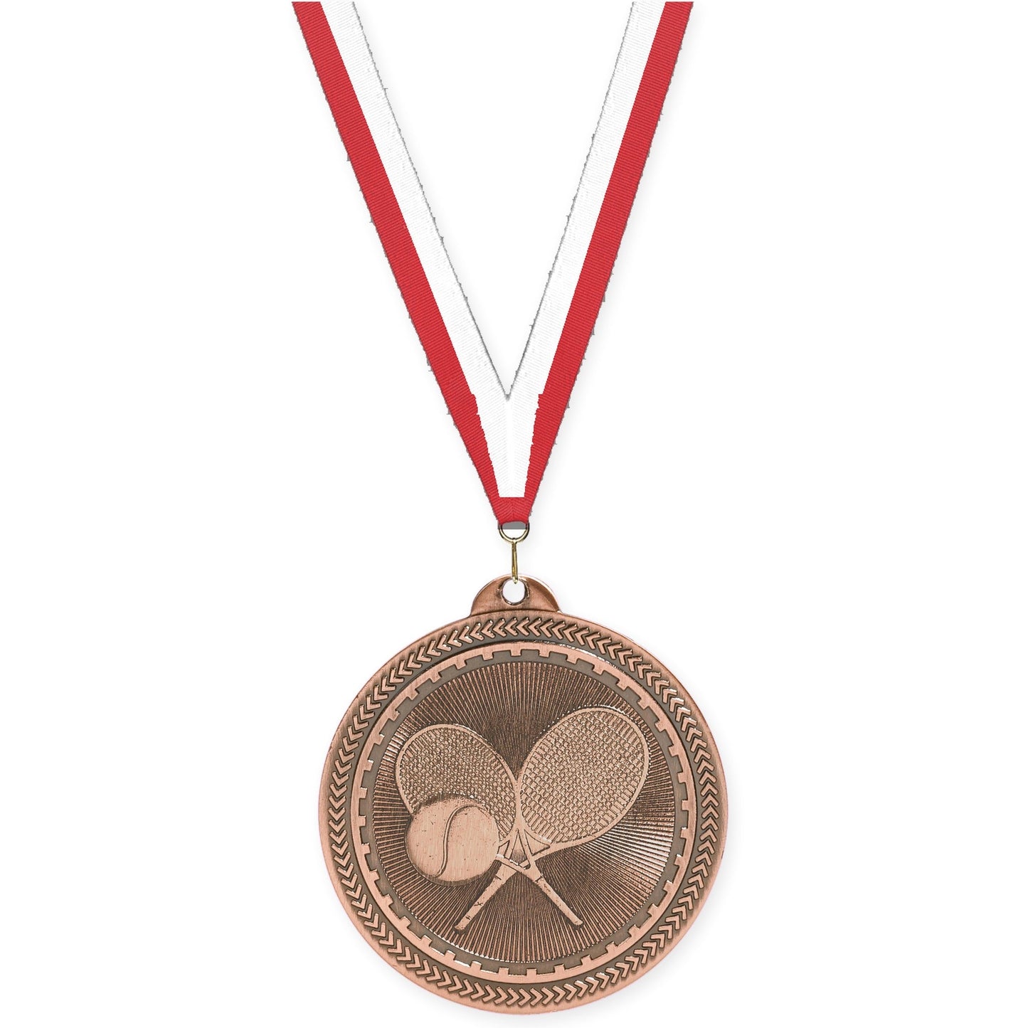 2 inch tennis Sunburst medal in antique bronze with Red White neck ribbon