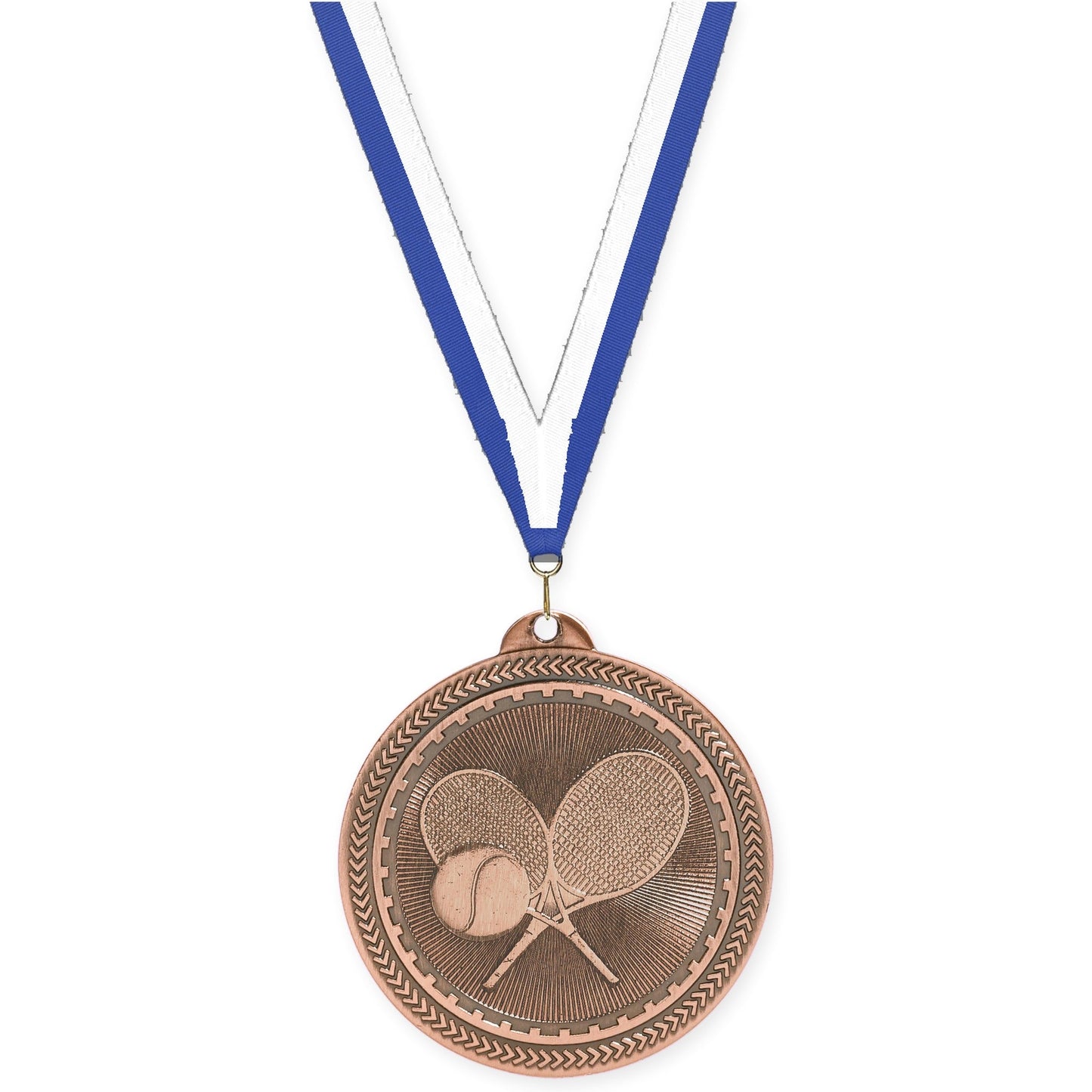 2 inch tennis Sunburst medal in antique bronze with Blue White neck ribbon