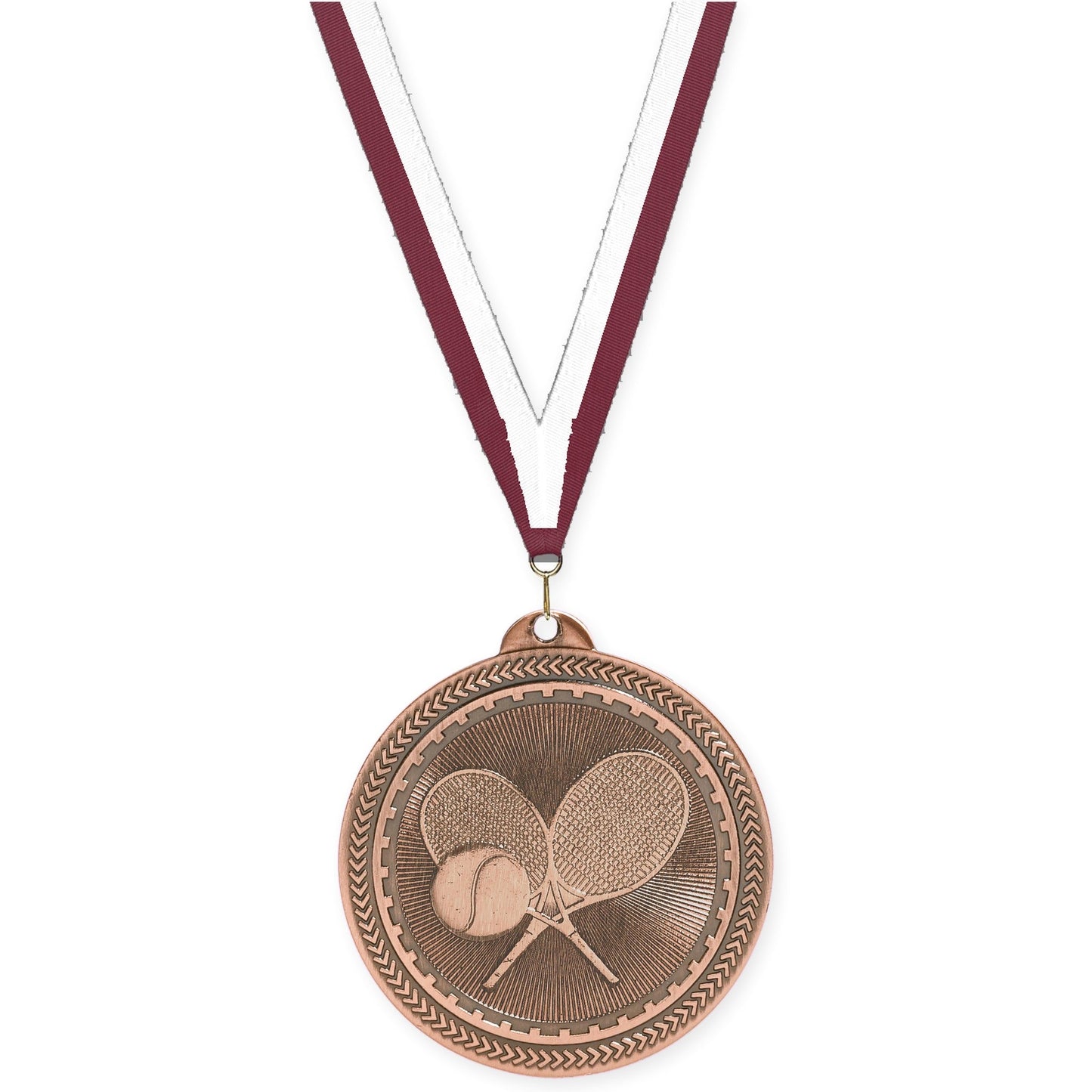2 inch tennis Sunburst medal in antique bronze with Maroon White neck ribbon