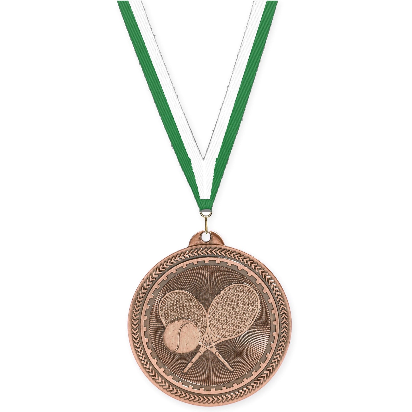 2 inch tennis Sunburst medal in antique bronze with Green White neck ribbon