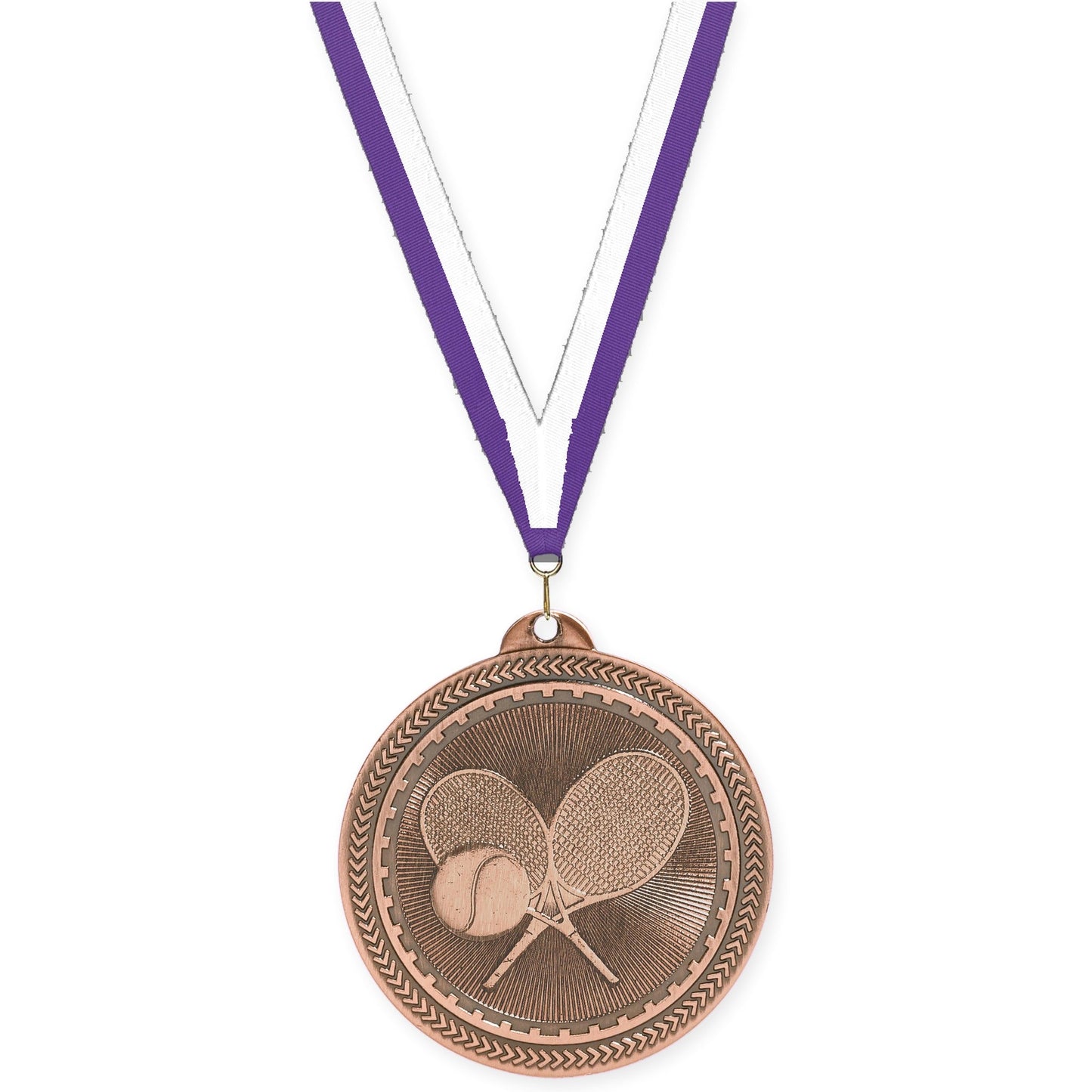 2 inch tennis Sunburst medal in antique bronze with Purple White neck ribbon