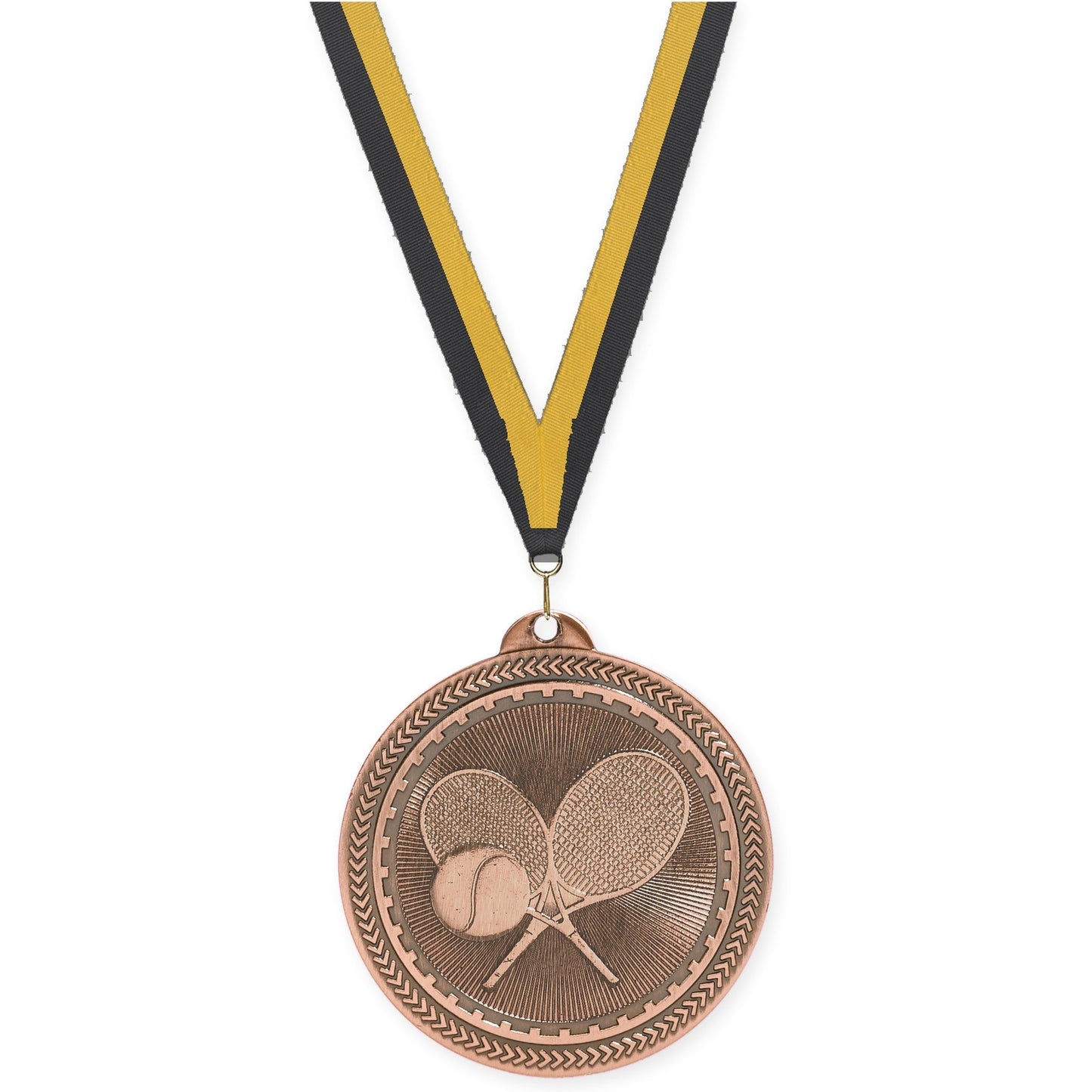 2 inch tennis Sunburst medal in antique bronze with Black Gold neck ribbon