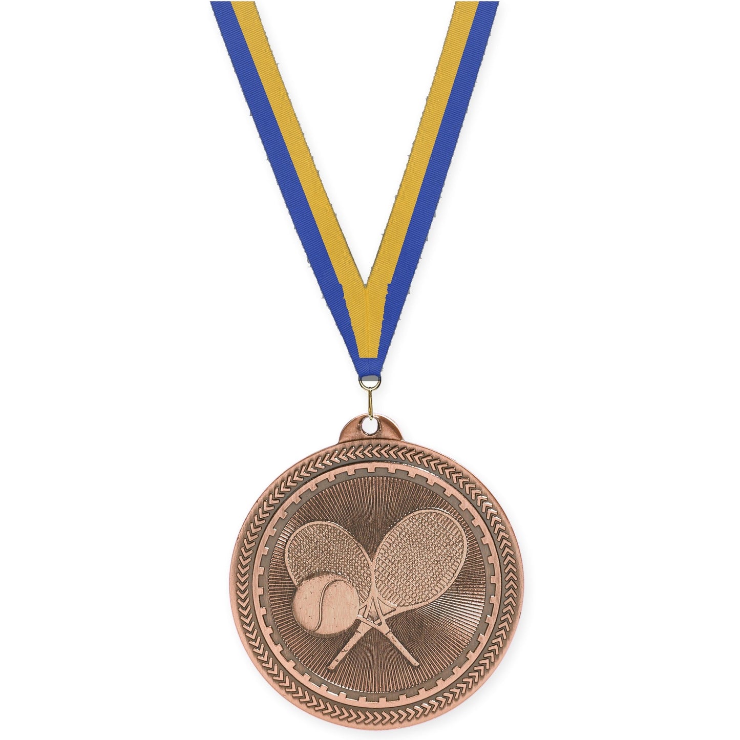 2 inch tennis Sunburst medal in antique bronze with Blue Gold neck ribbon
