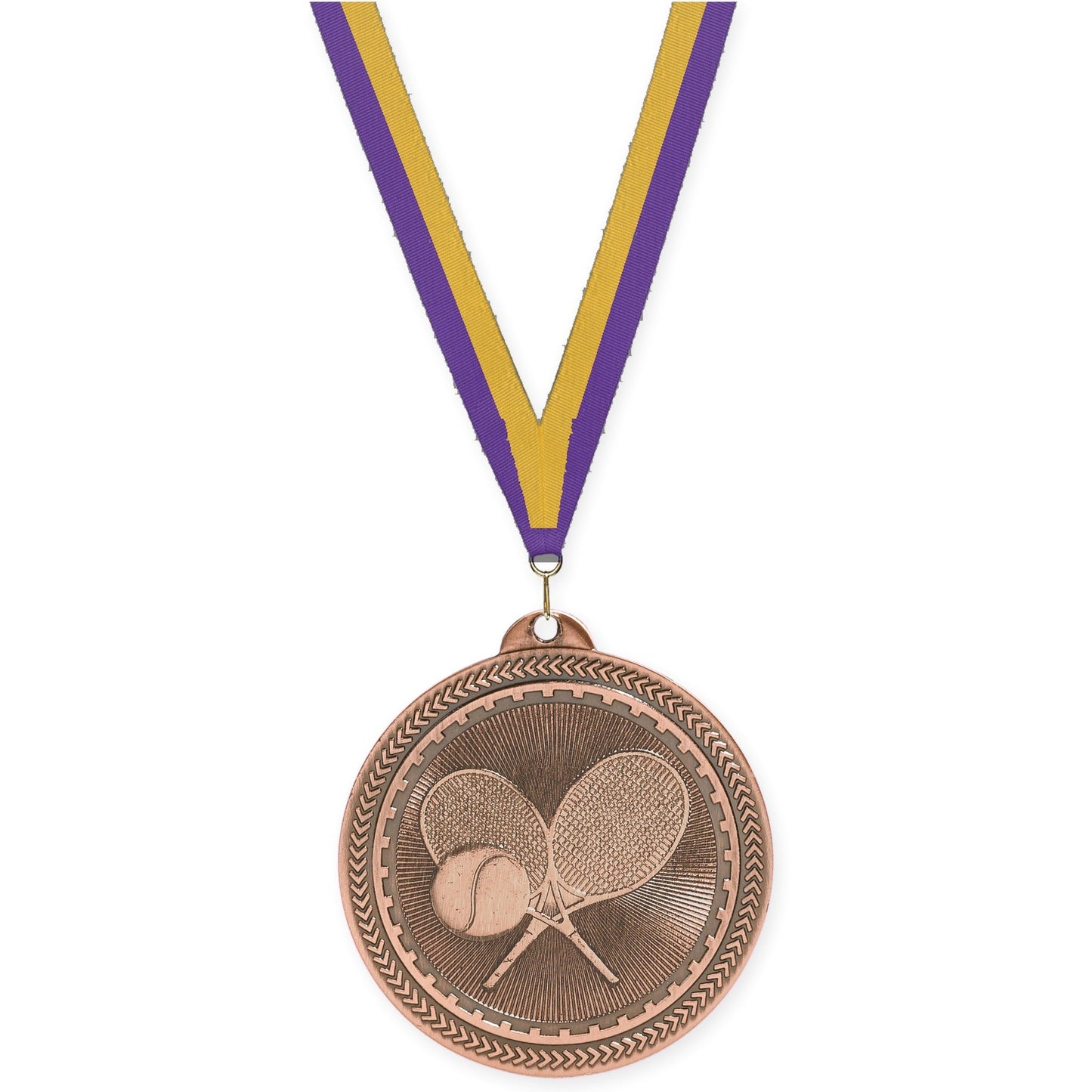 2 inch tennis Sunburst medal in antique bronze with Purple Gold neck ribbon