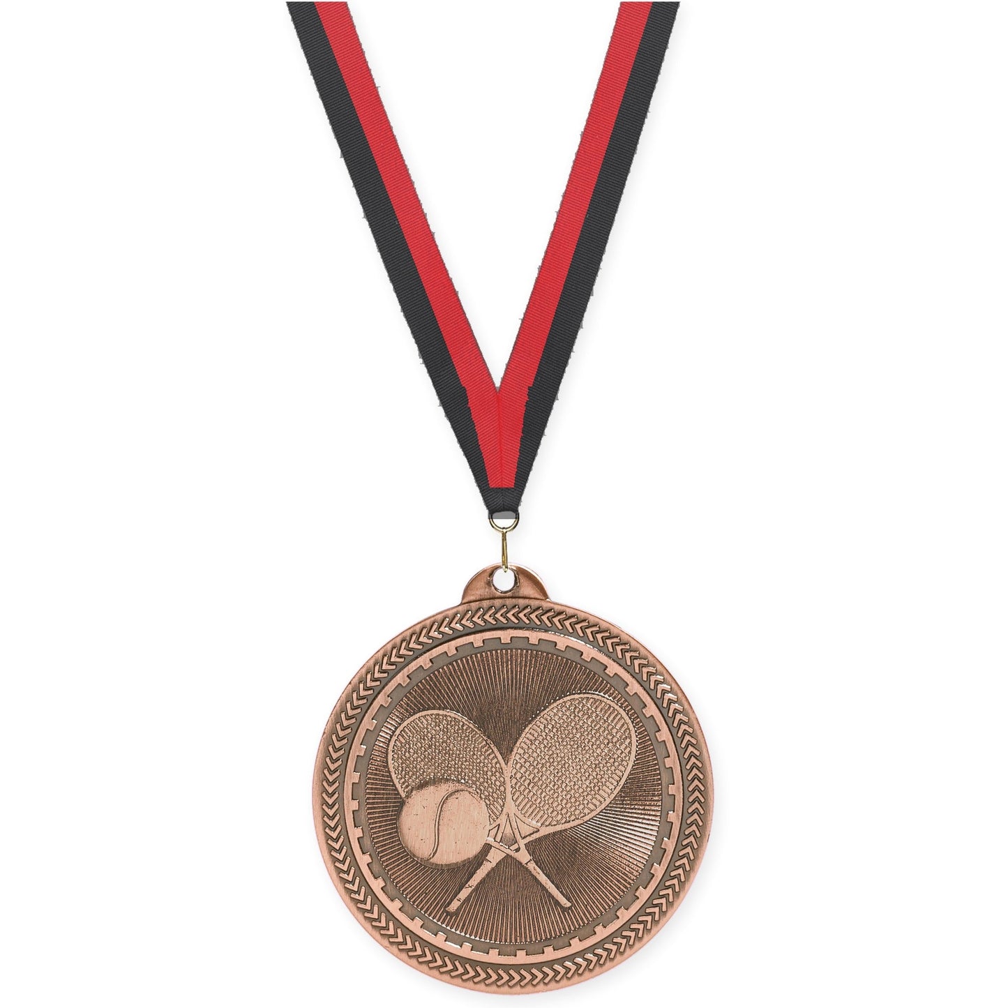 2 inch tennis Sunburst medal in antique bronze with Black Red neck ribbon