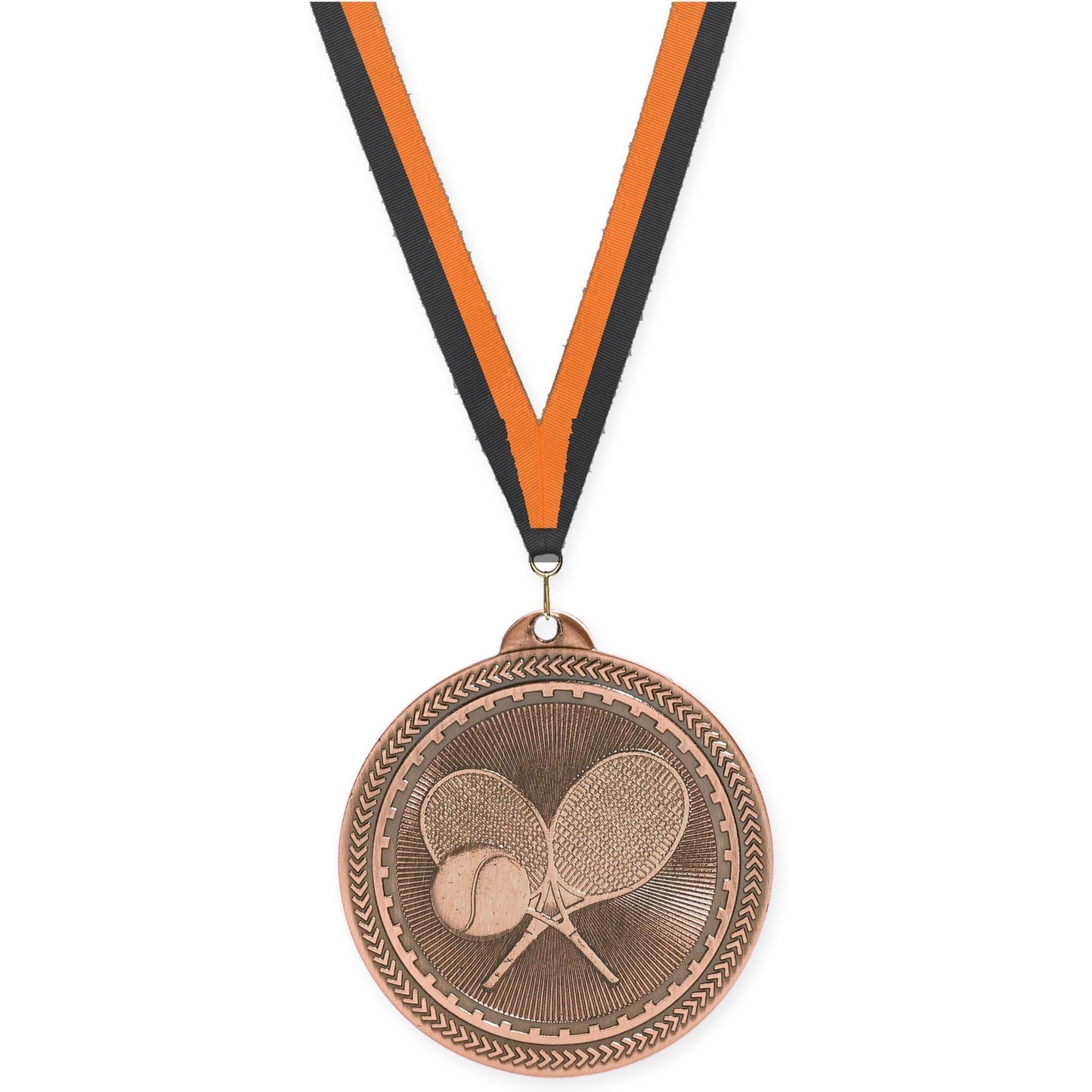2 inch tennis Sunburst medal in antique bronze with Black Orange neck ribbon