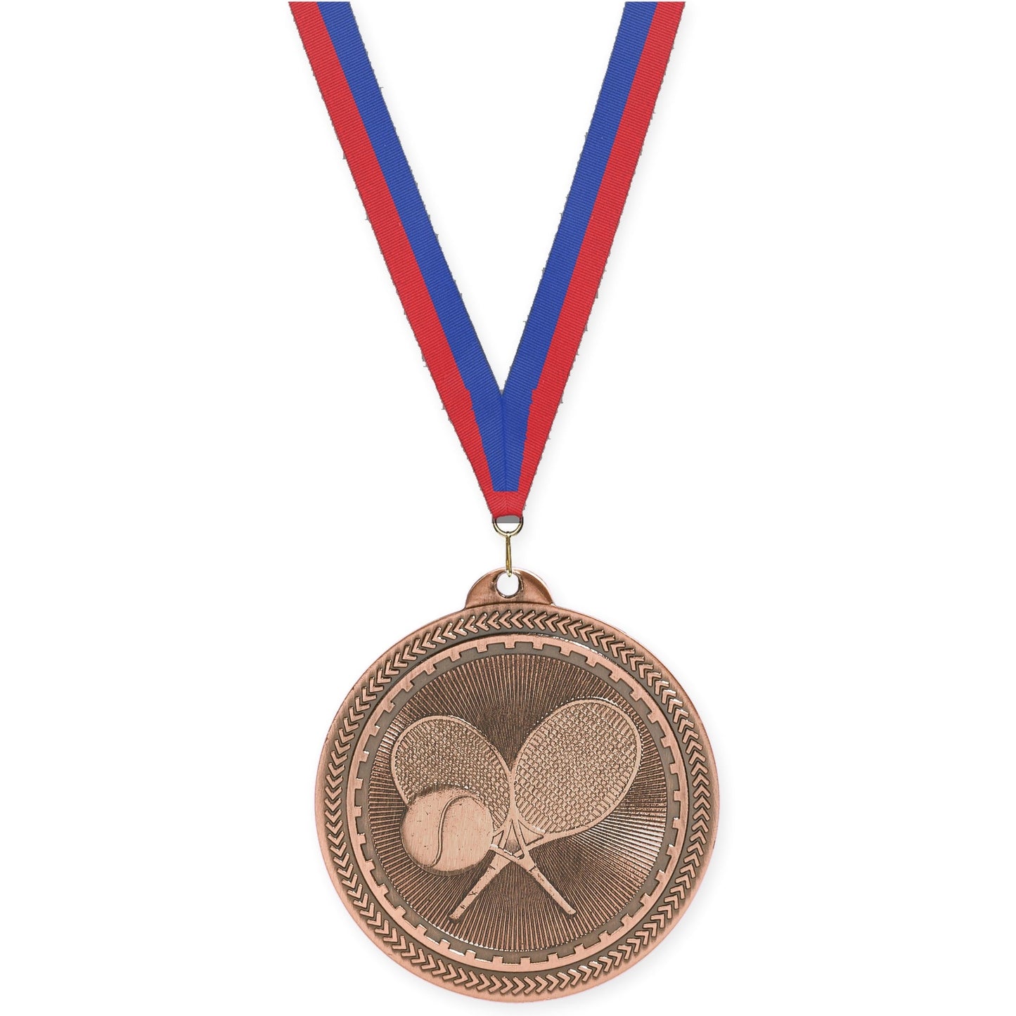 2 inch tennis Sunburst medal in antique bronze with Blue Red neck ribbon