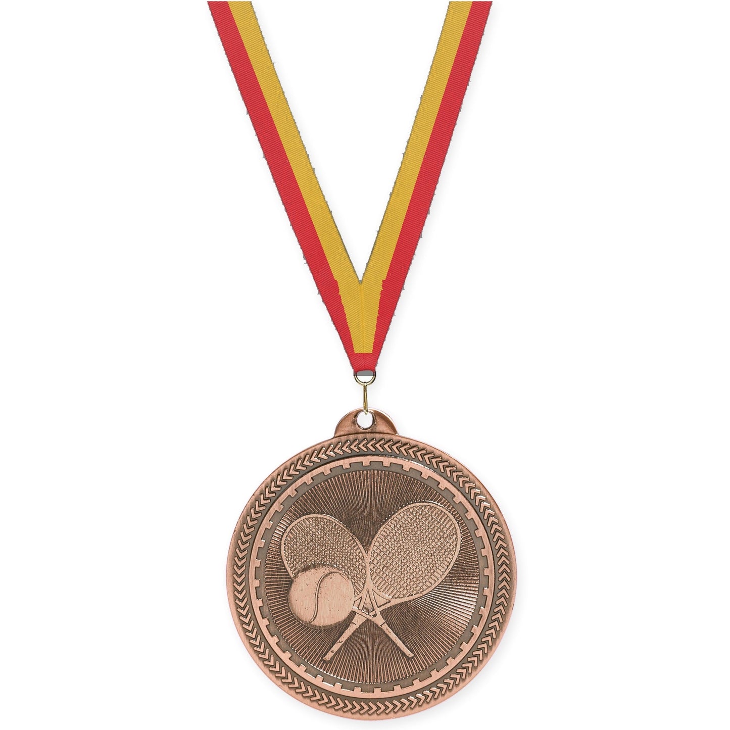 2 inch tennis Sunburst medal in antique bronze with Red Gold neck ribbon