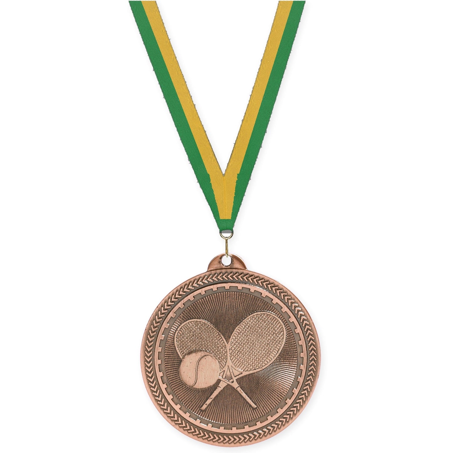2 inch tennis Sunburst medal in antique bronze with Green Gold neck ribbon