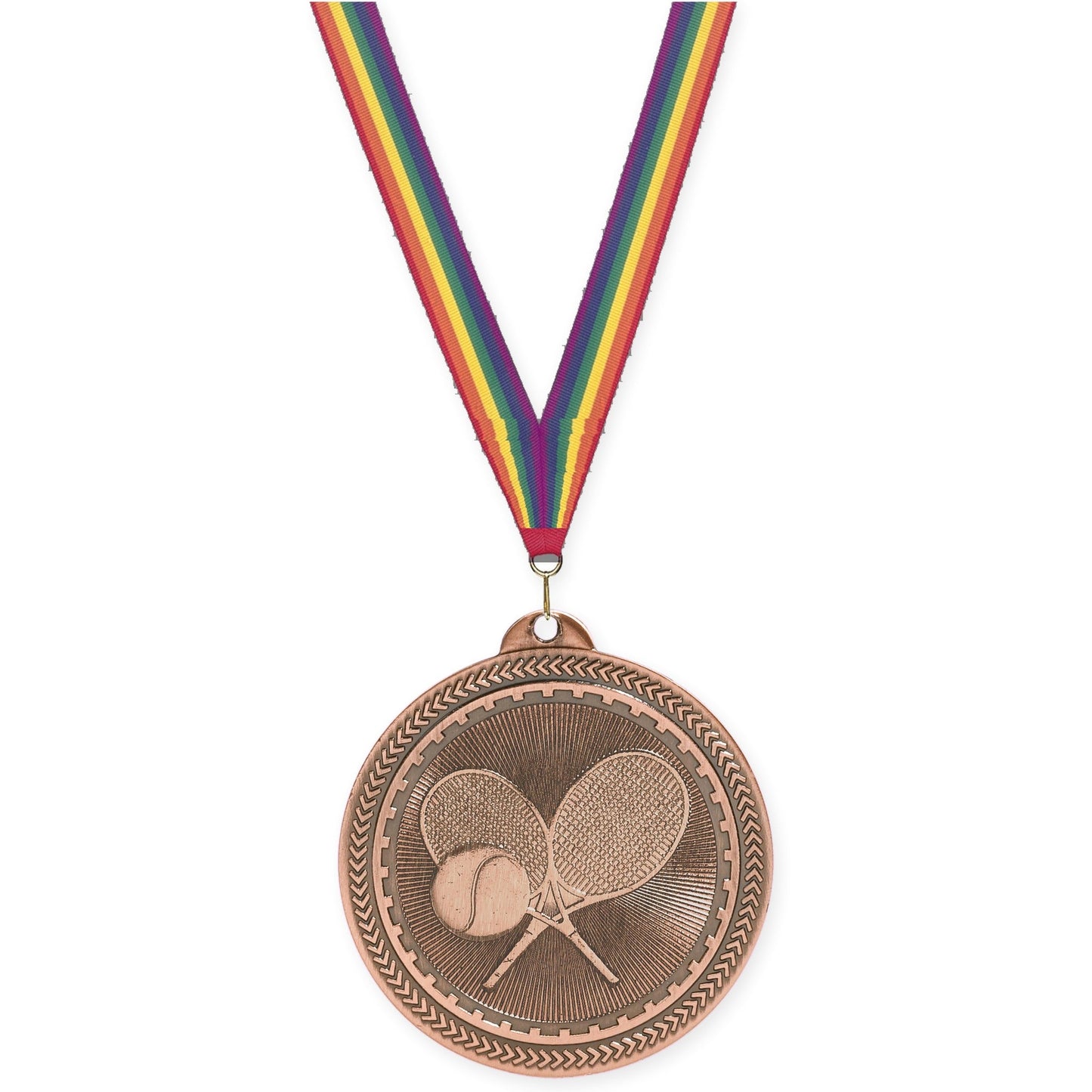 2 inch tennis Sunburst medal in antique bronze with Rainbow neck ribbon