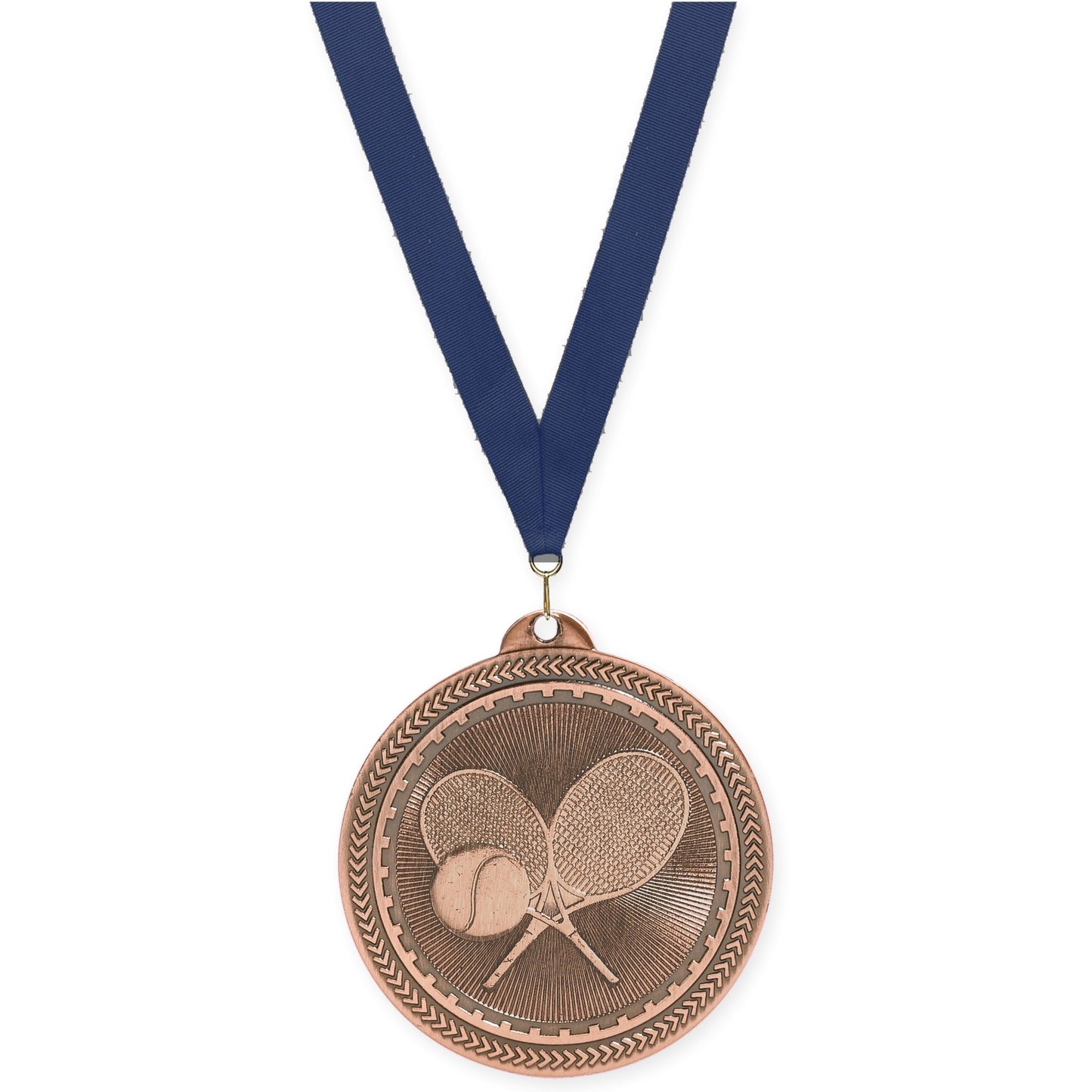2 inch tennis Sunburst medal in antique bronze with Navy neck ribbon
