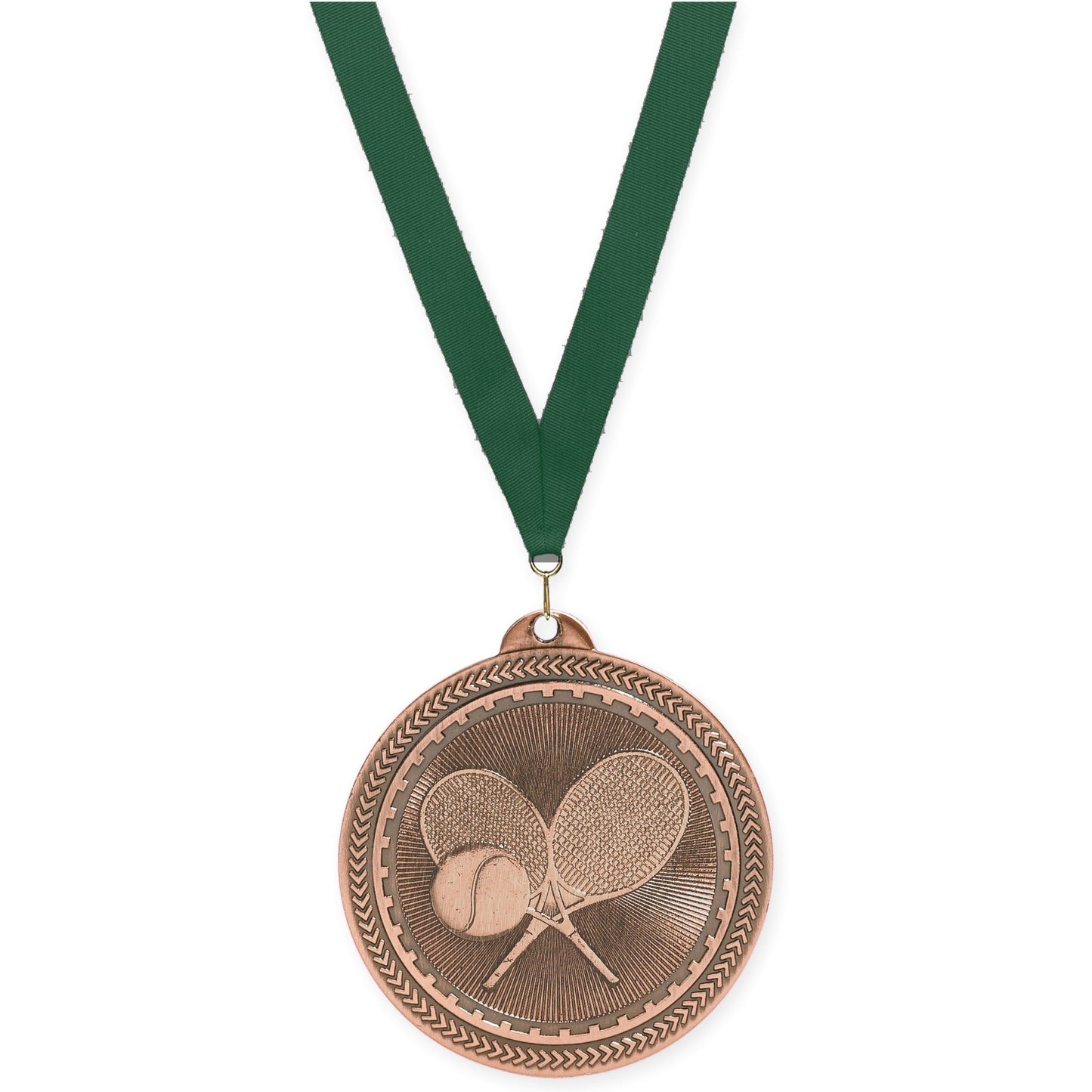 2 inch tennis Sunburst medal in antique bronze with Hunter Green neck ribbon