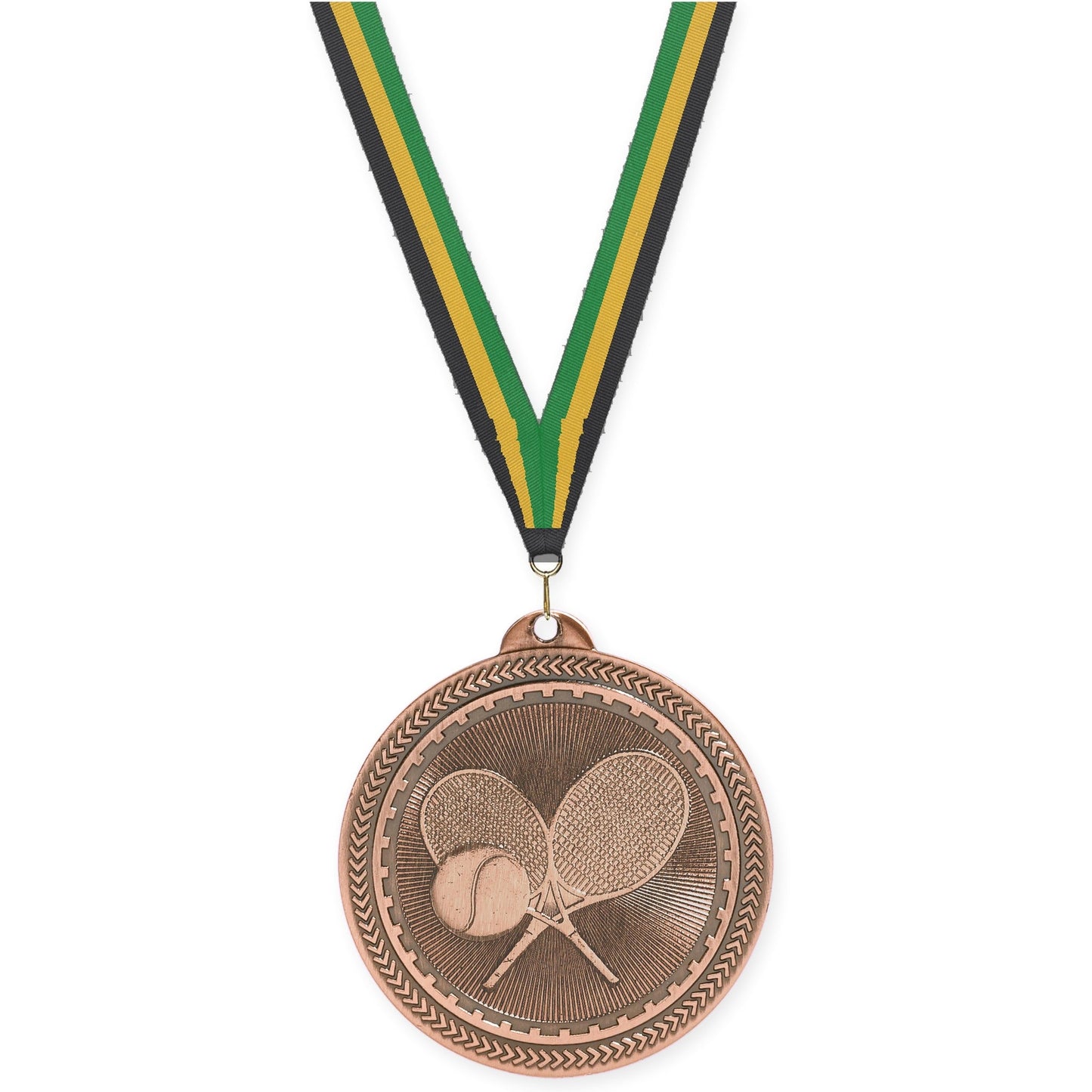 2 inch tennis Sunburst medal in antique bronze with Black Gold Green neck ribbon