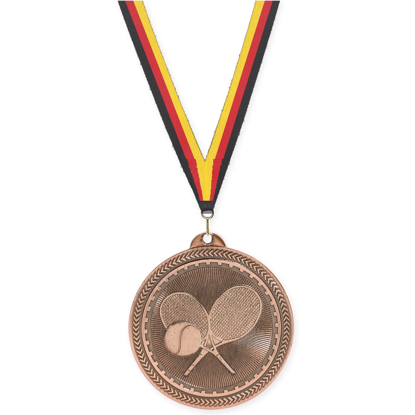 2 inch tennis Sunburst medal in antique bronze with Black Red Yellow neck ribbon