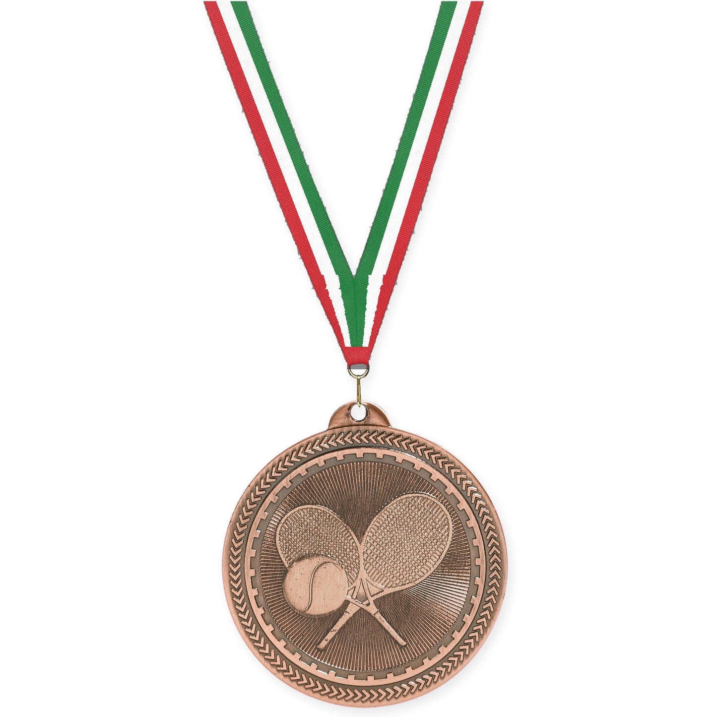 2 inch tennis Sunburst medal in antique bronze with Red White Green neck ribbon