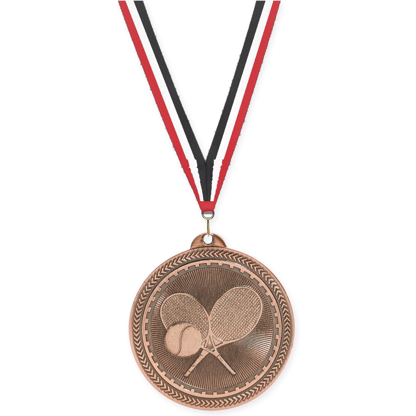 2 inch tennis Sunburst medal in antique bronze with Red White Black neck ribbon