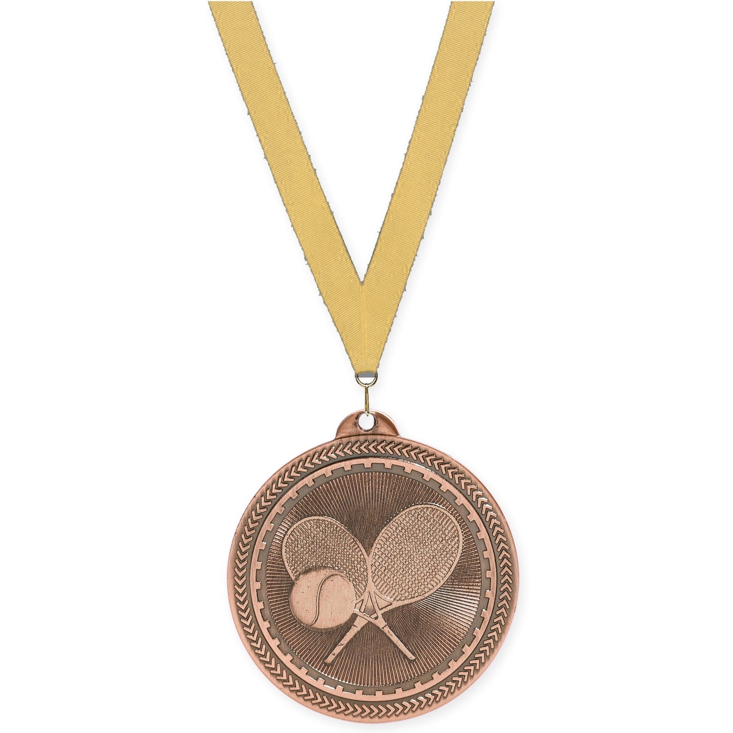 2 inch tennis Sunburst medal in antique bronze with Gold Metallic neck ribbon