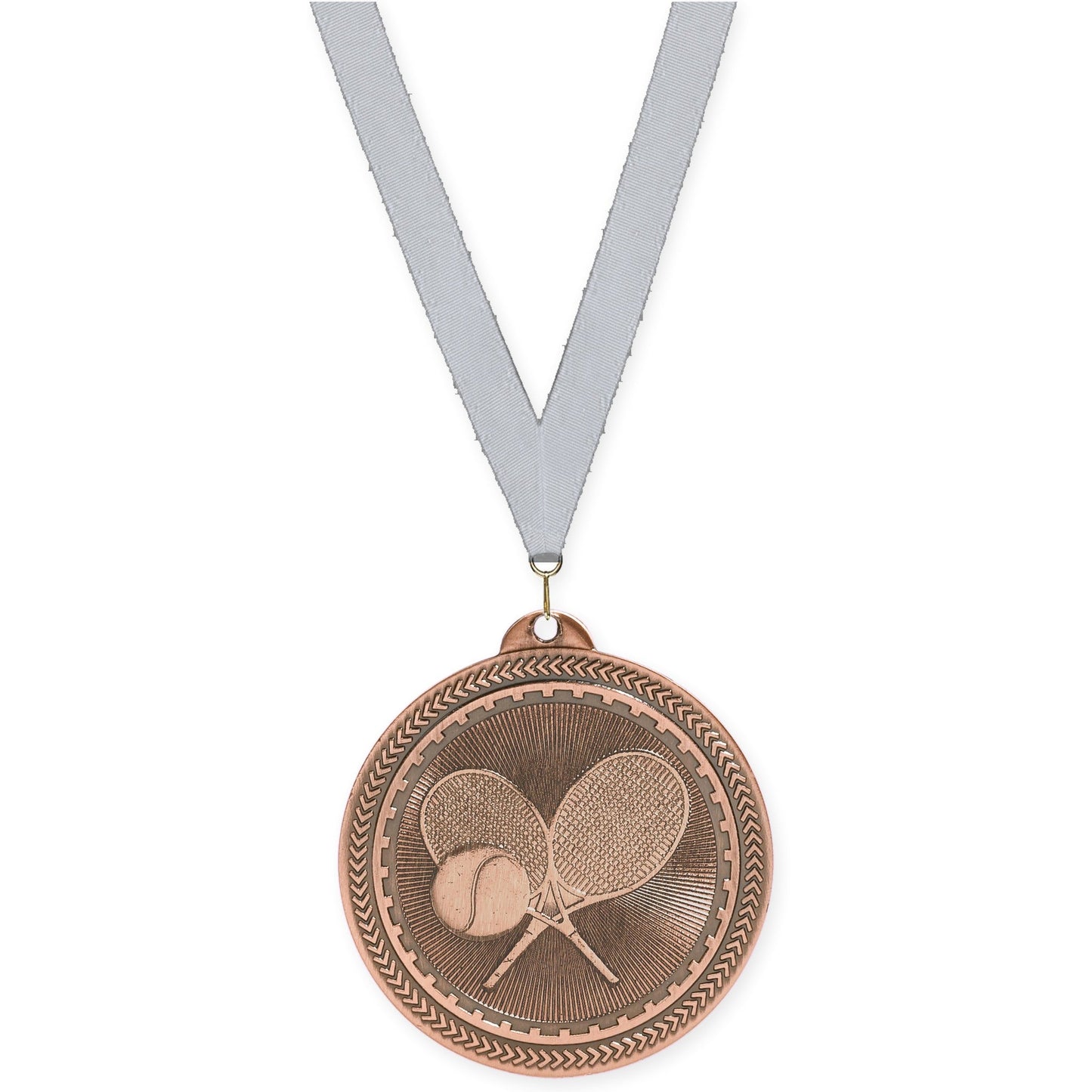 2 inch tennis Sunburst medal in antique bronze with Silver Metallic neck ribbon