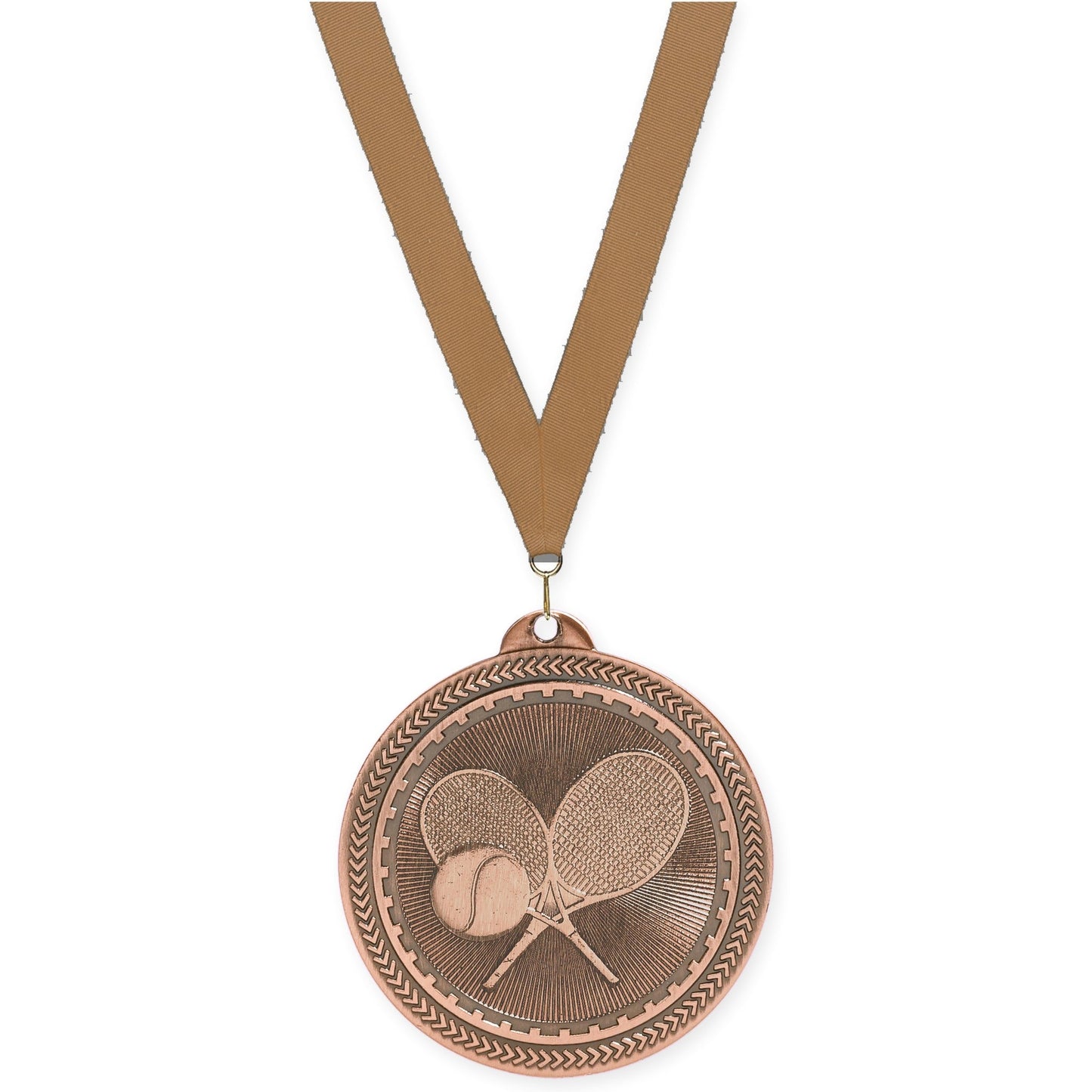 2 inch tennis Sunburst medal in antique bronze with Bronze Metallic neck ribbon