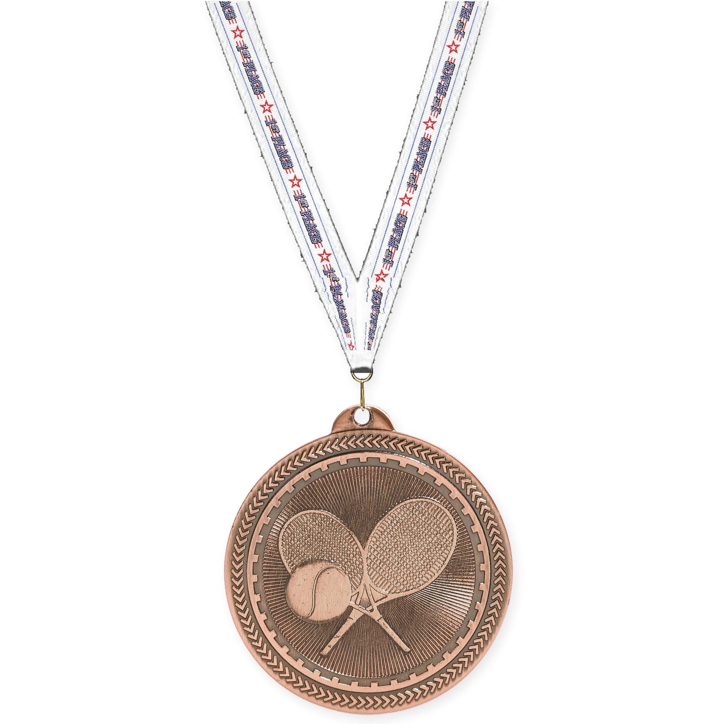 2 inch tennis Sunburst medal in antique bronze with 1st Place neck ribbon