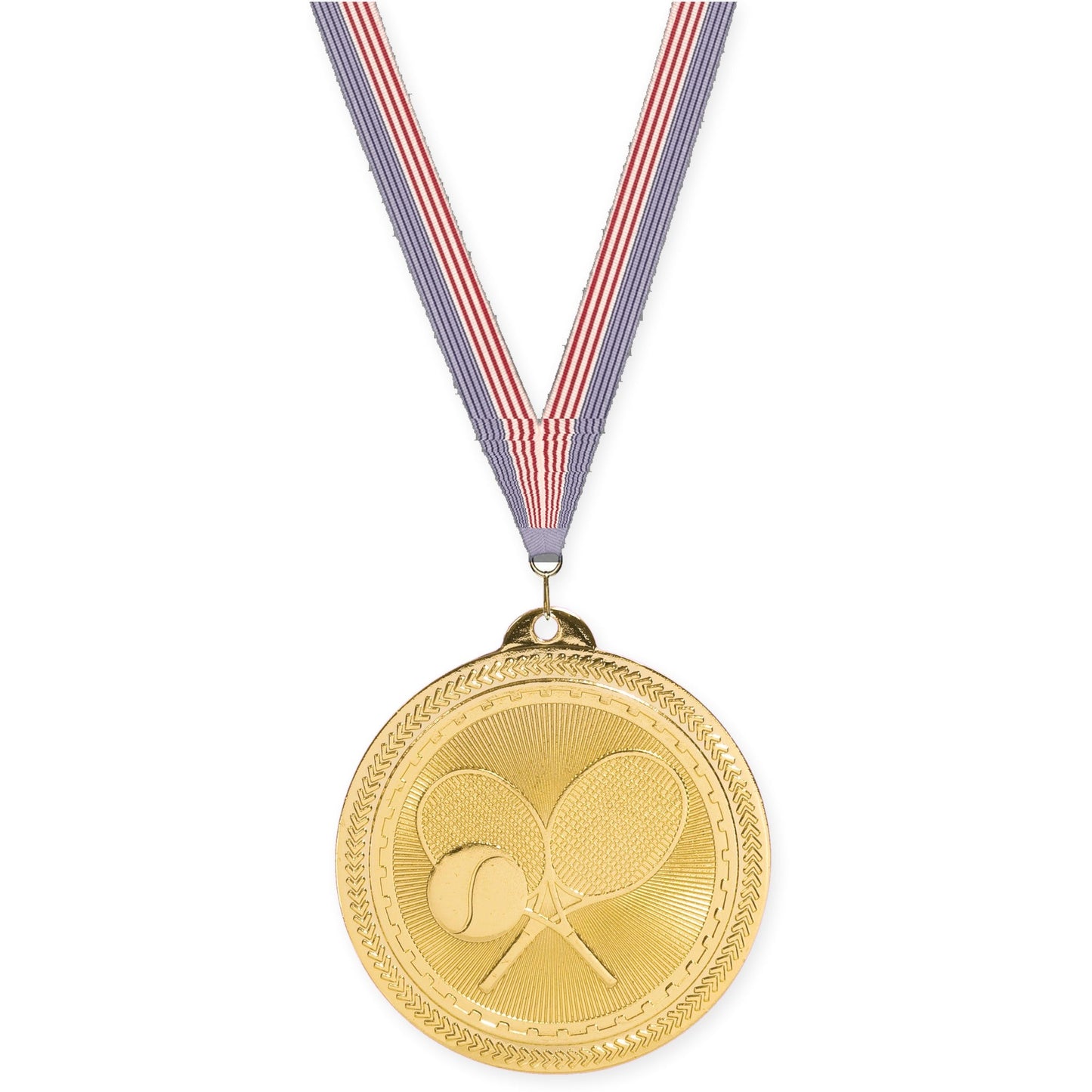 2 inch tennis Sunburst medal in bright gold with USA Flag neck ribbon