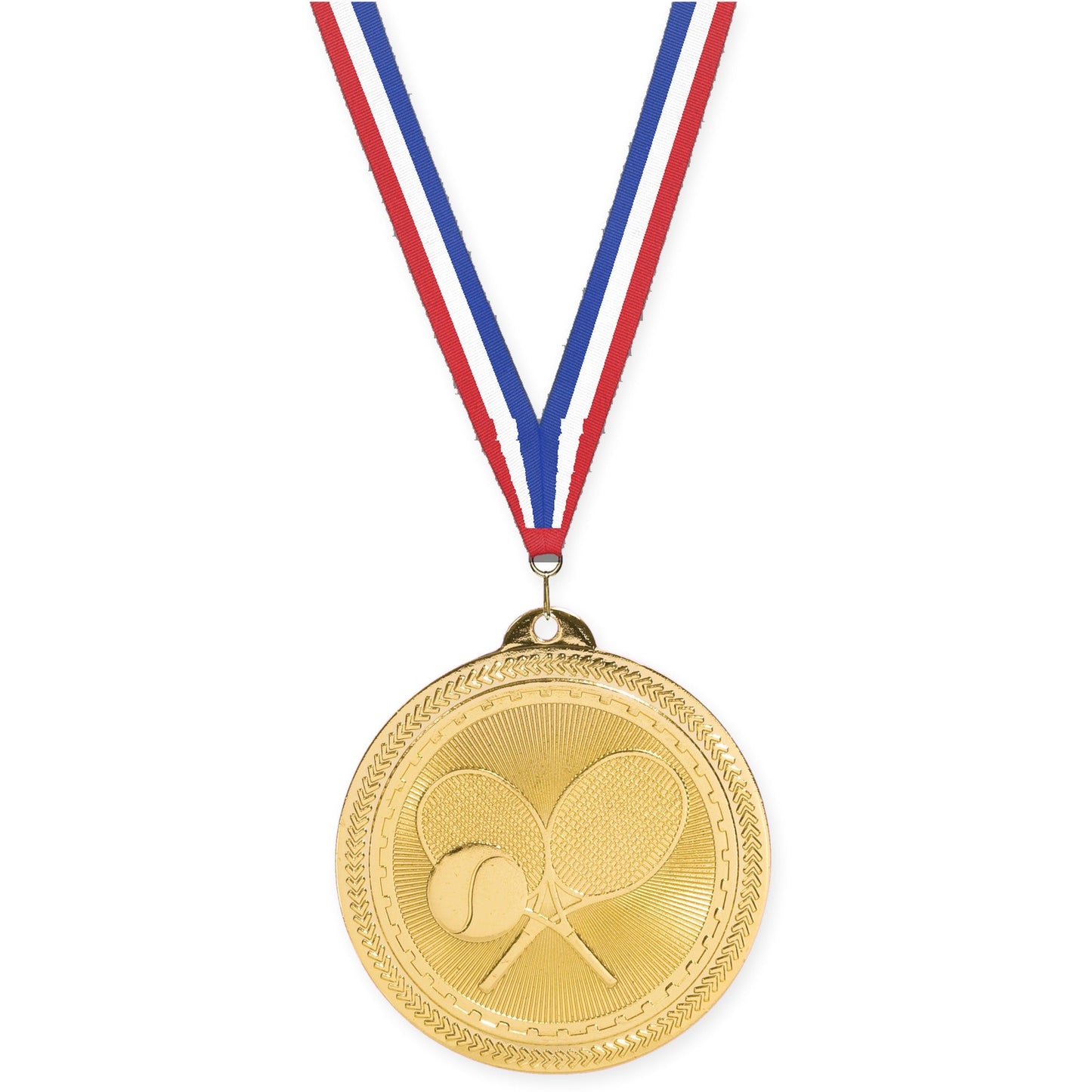 2 inch tennis Sunburst medal in bright gold with Red White Blue neck ribbon