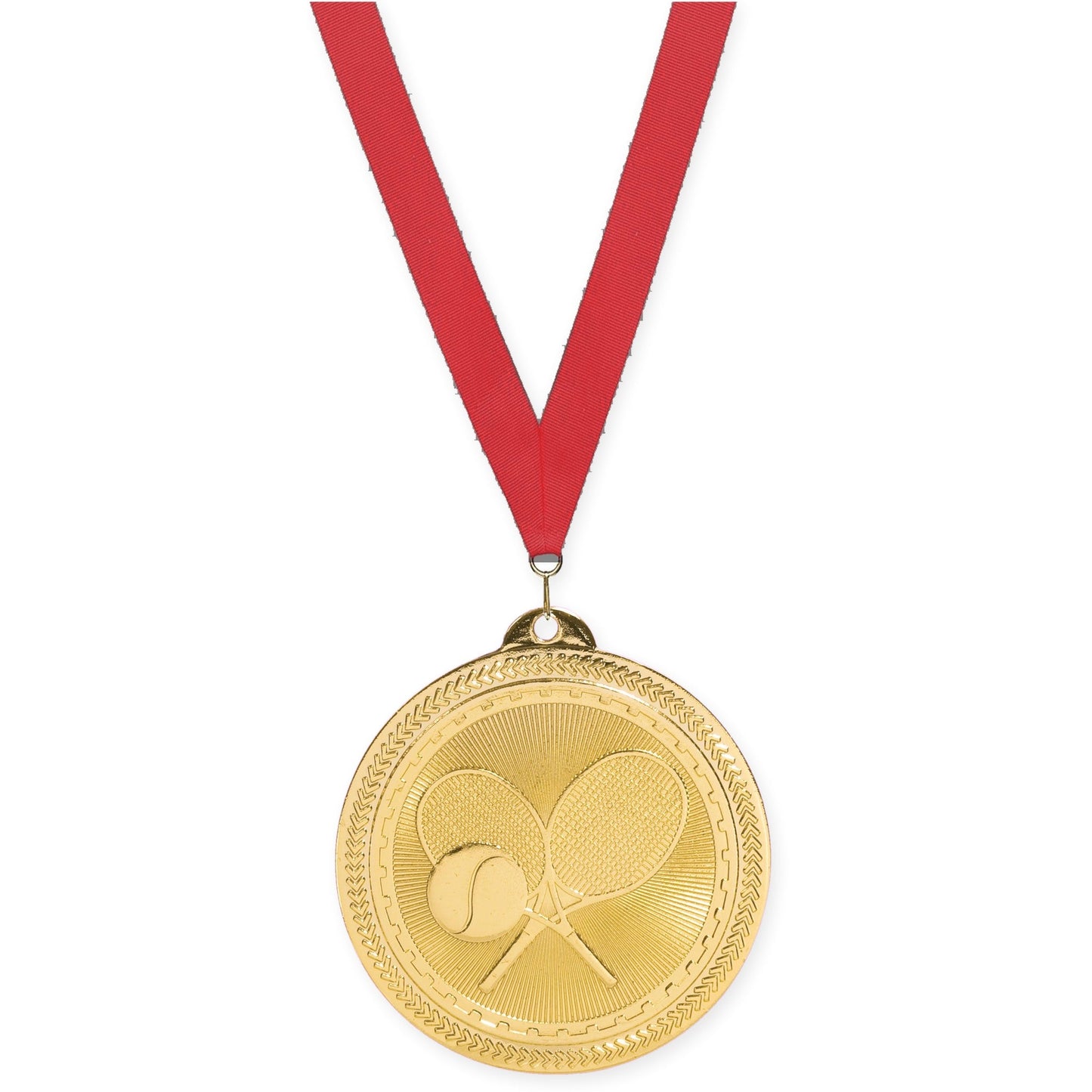 2 inch tennis Sunburst medal in bright gold with Red neck ribbon