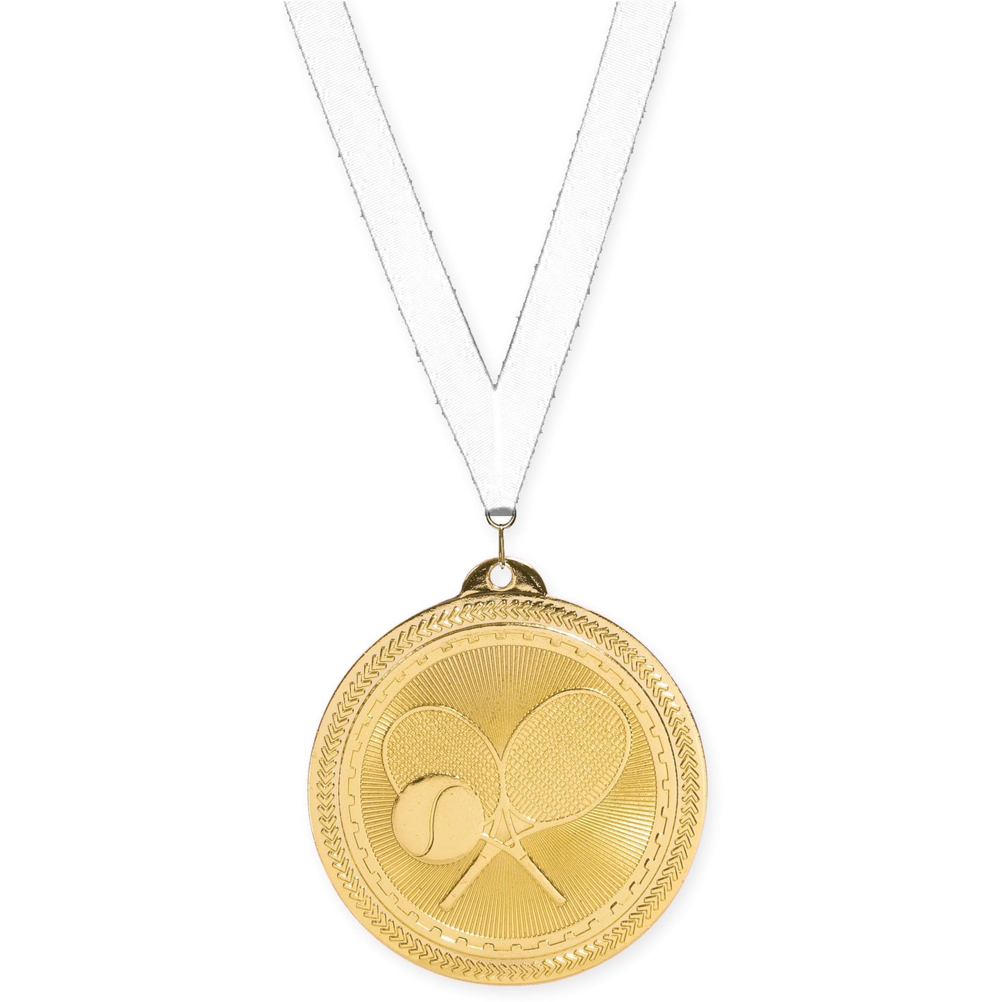 2 inch tennis Sunburst medal in bright gold with White neck ribbon
