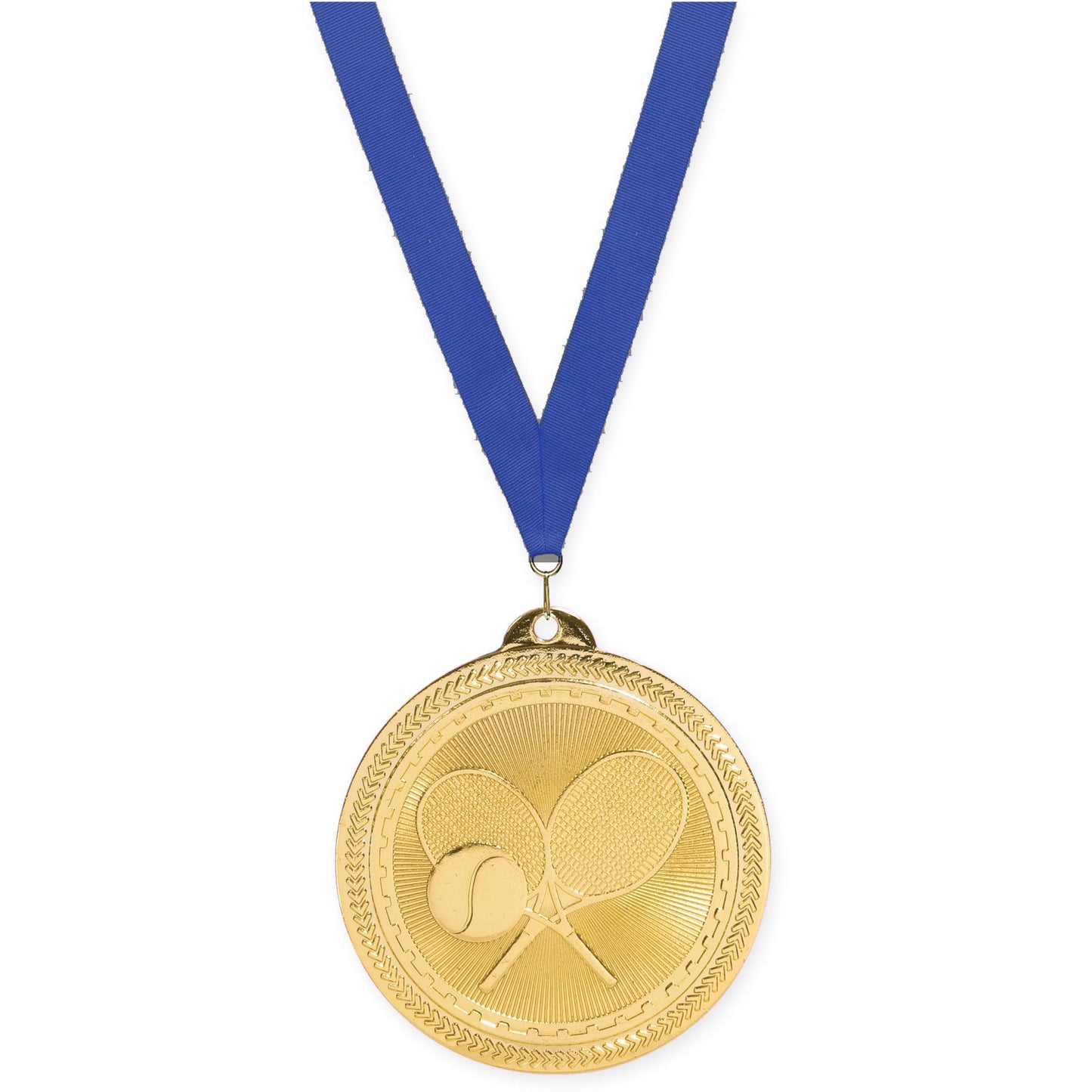 2 inch tennis Sunburst medal in bright gold with Blue neck ribbon