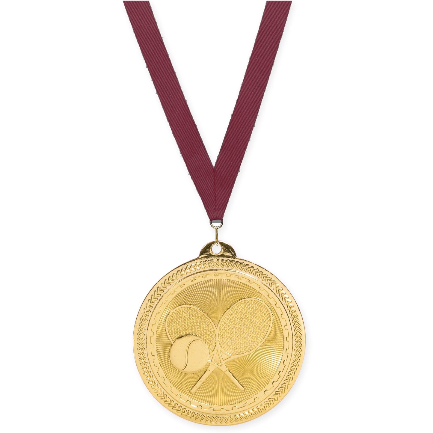 2 inch tennis Sunburst medal in bright gold with Maroon neck ribbon