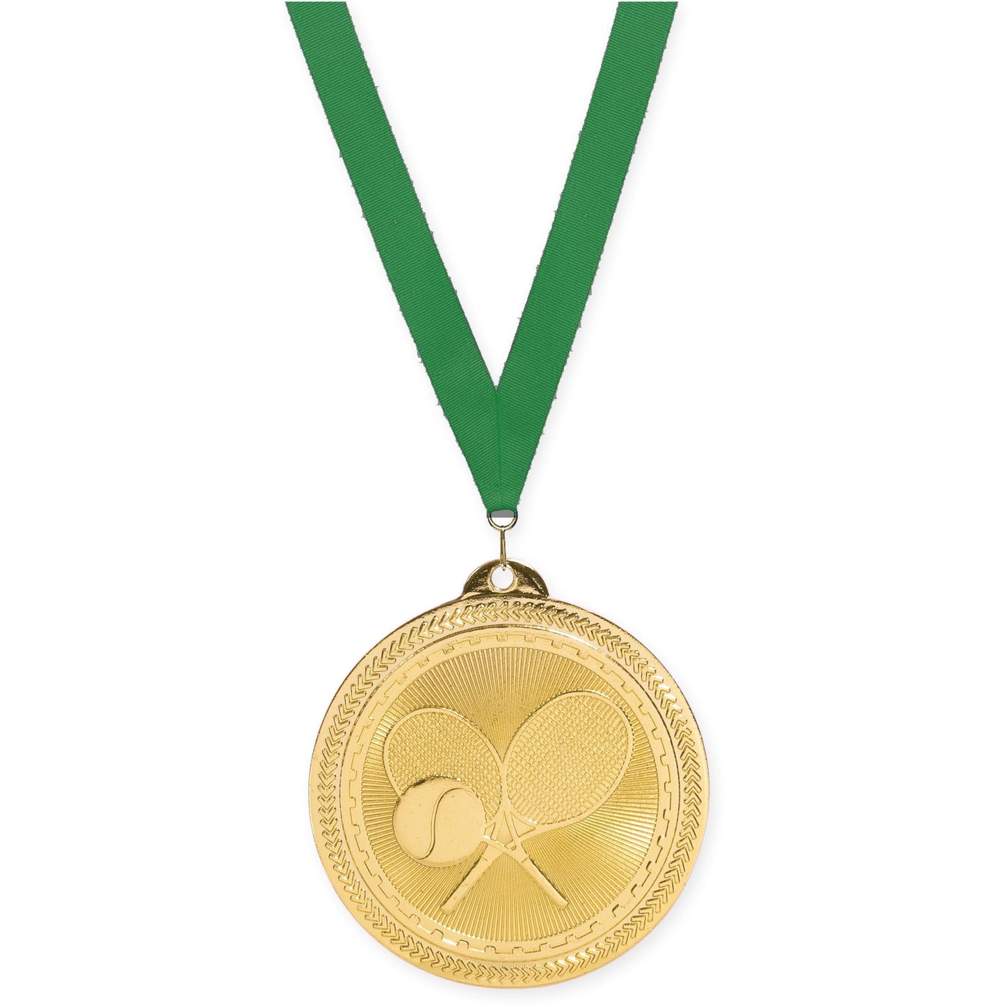 2 inch tennis Sunburst medal in bright gold with Green neck ribbon