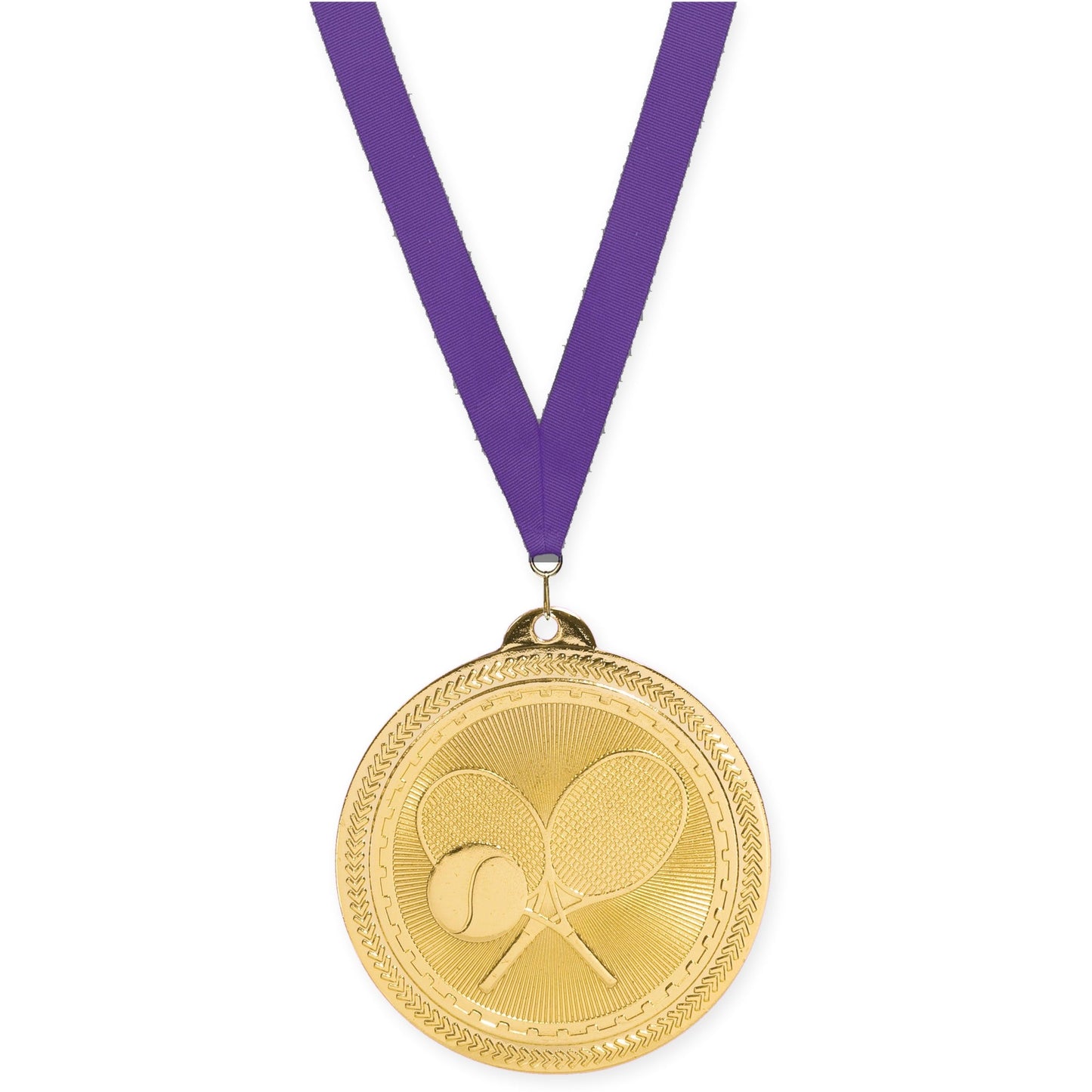 2 inch tennis Sunburst medal in bright gold with Purple neck ribbon