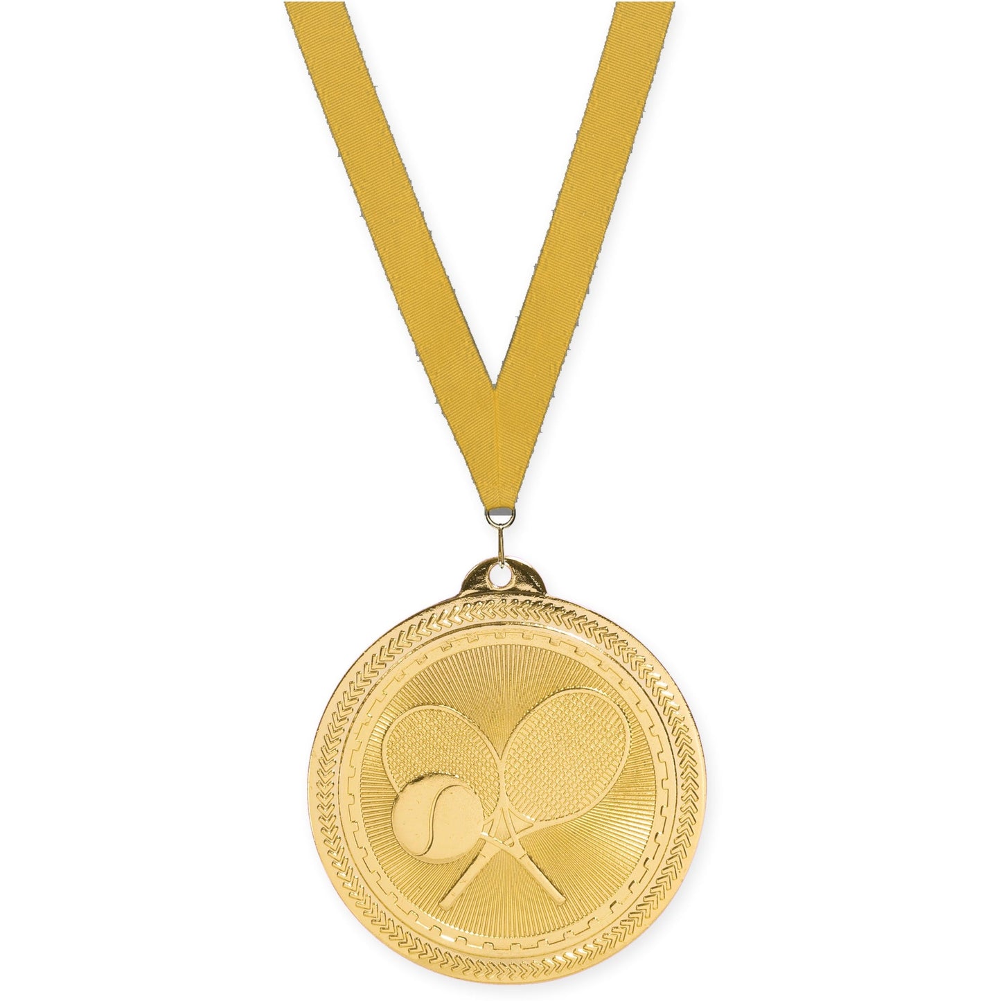 2 inch tennis Sunburst medal in bright gold with Gold neck ribbon